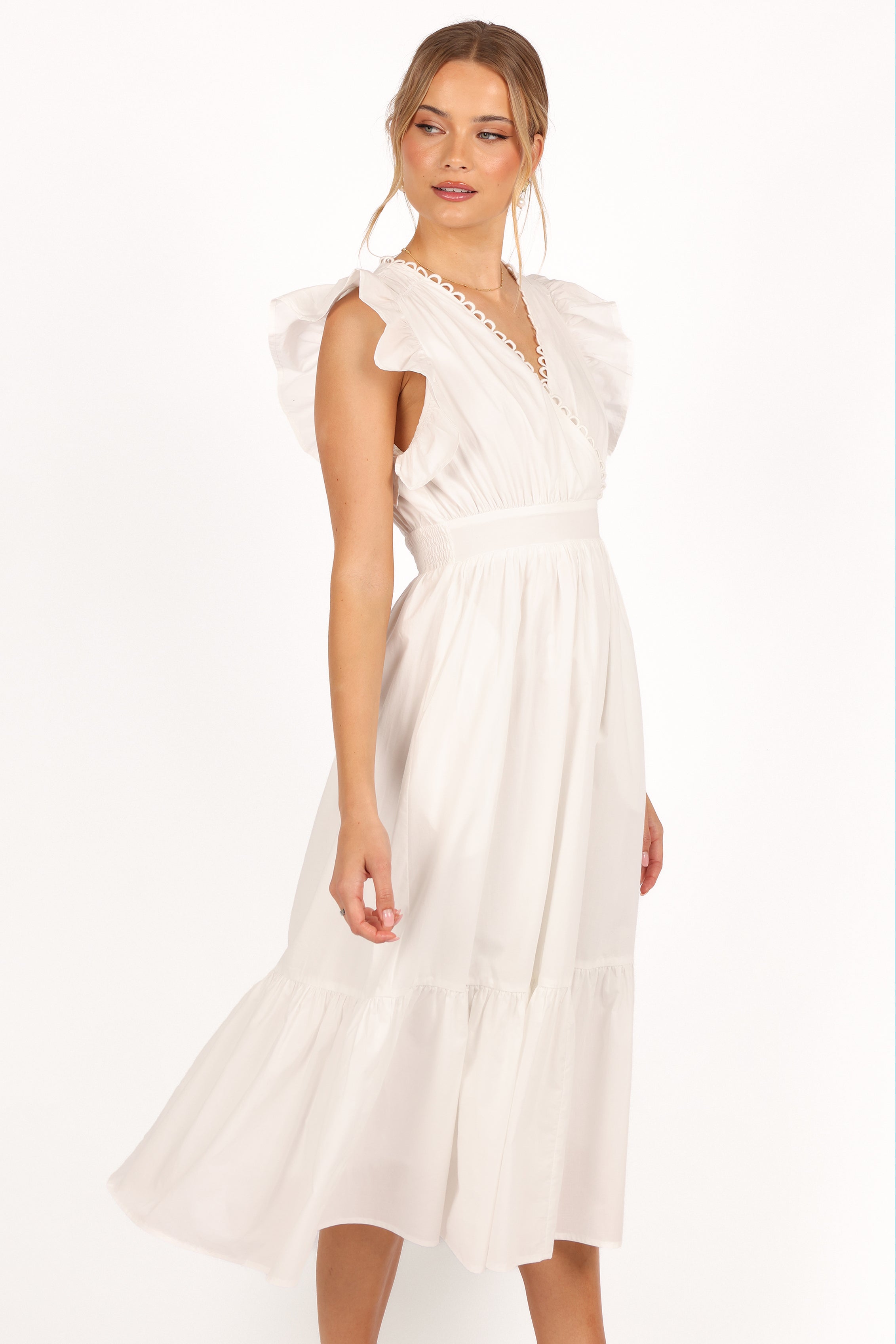 White Acadia Midi Dress with V Neckline & Pockets