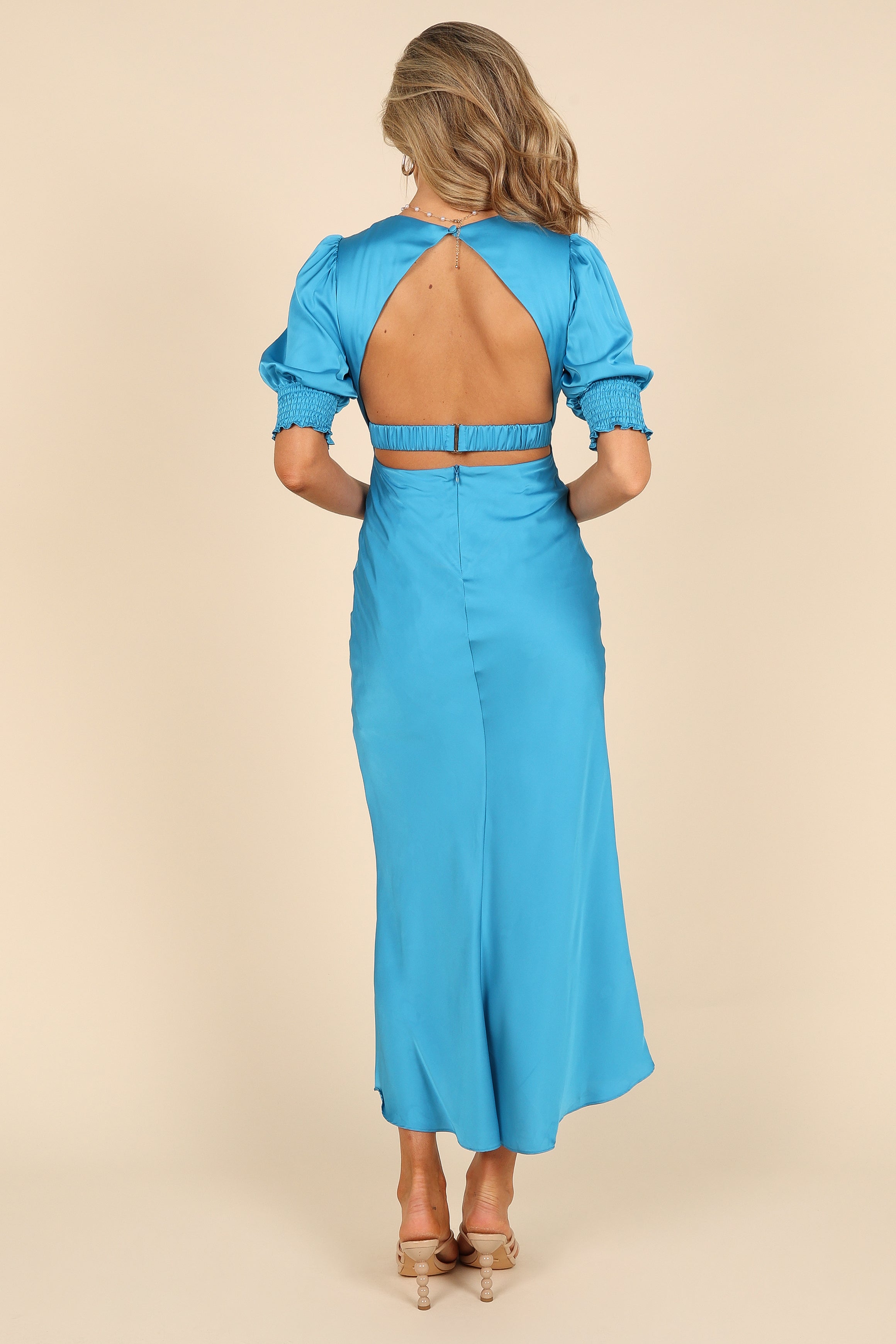 Blue Satin Puff Sleeve Midi Dress with V-Neck & Back Cutout
