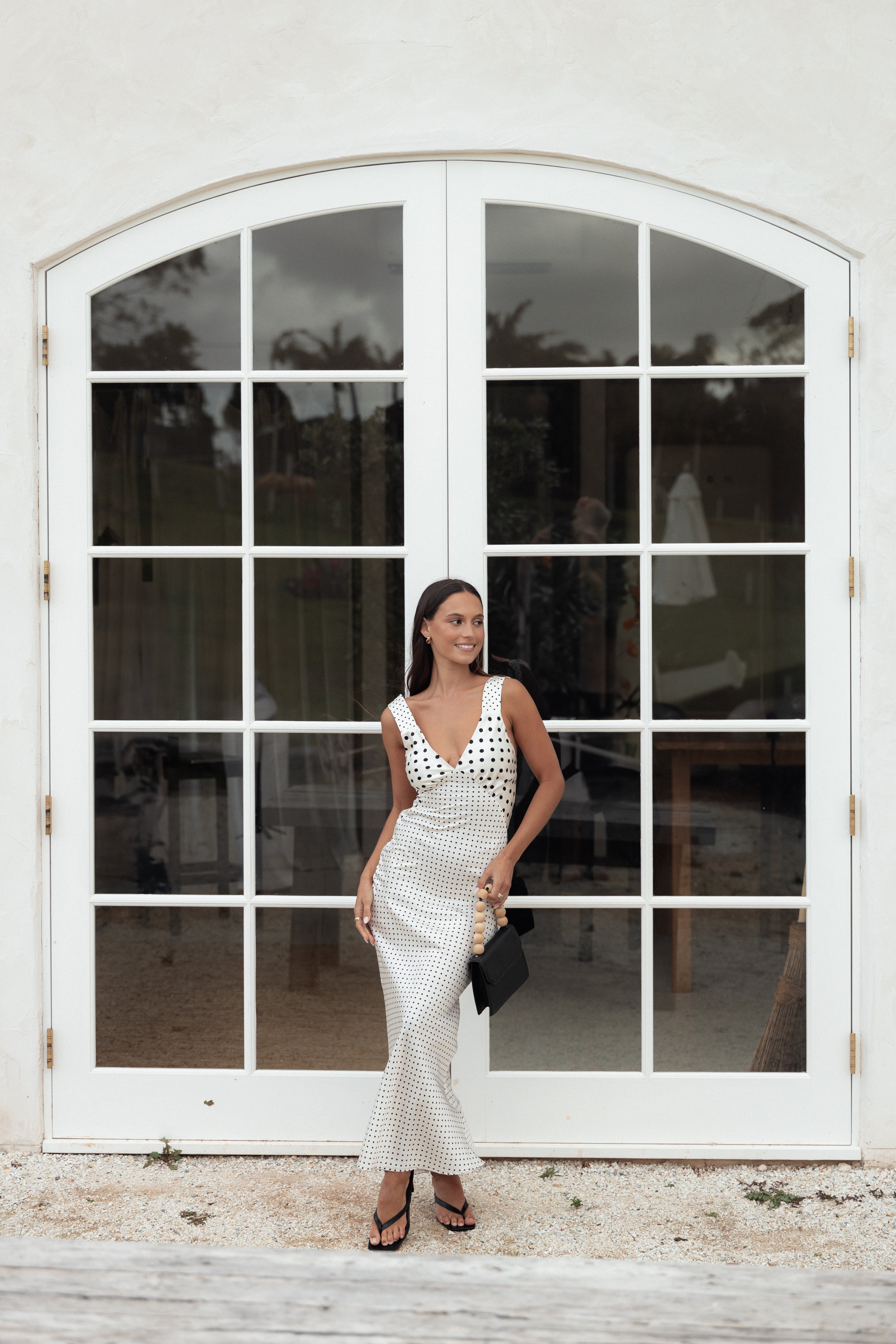 Lizza White Polkadot Maxi Dress with Gathered Bust Detail