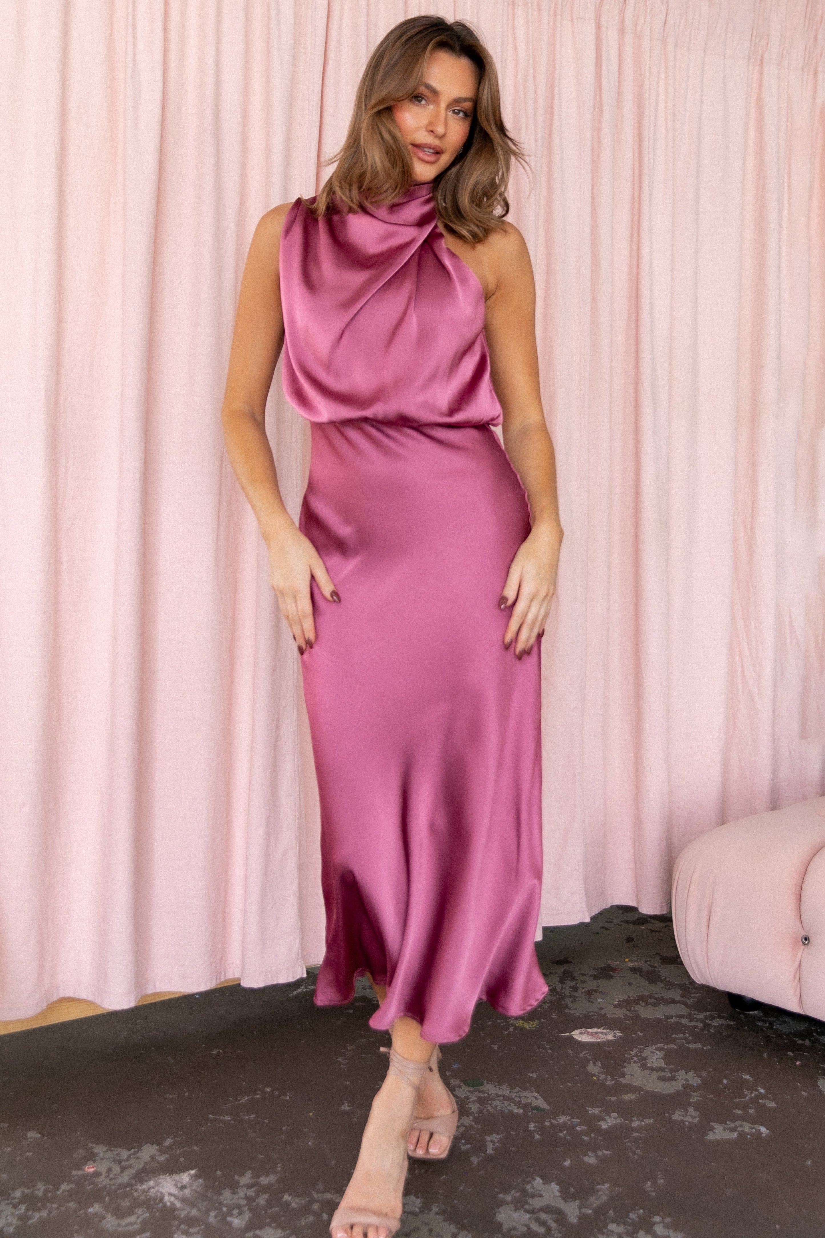 Women's Satin Halter Neck Midi Dress - Dusty Rose Party Wear