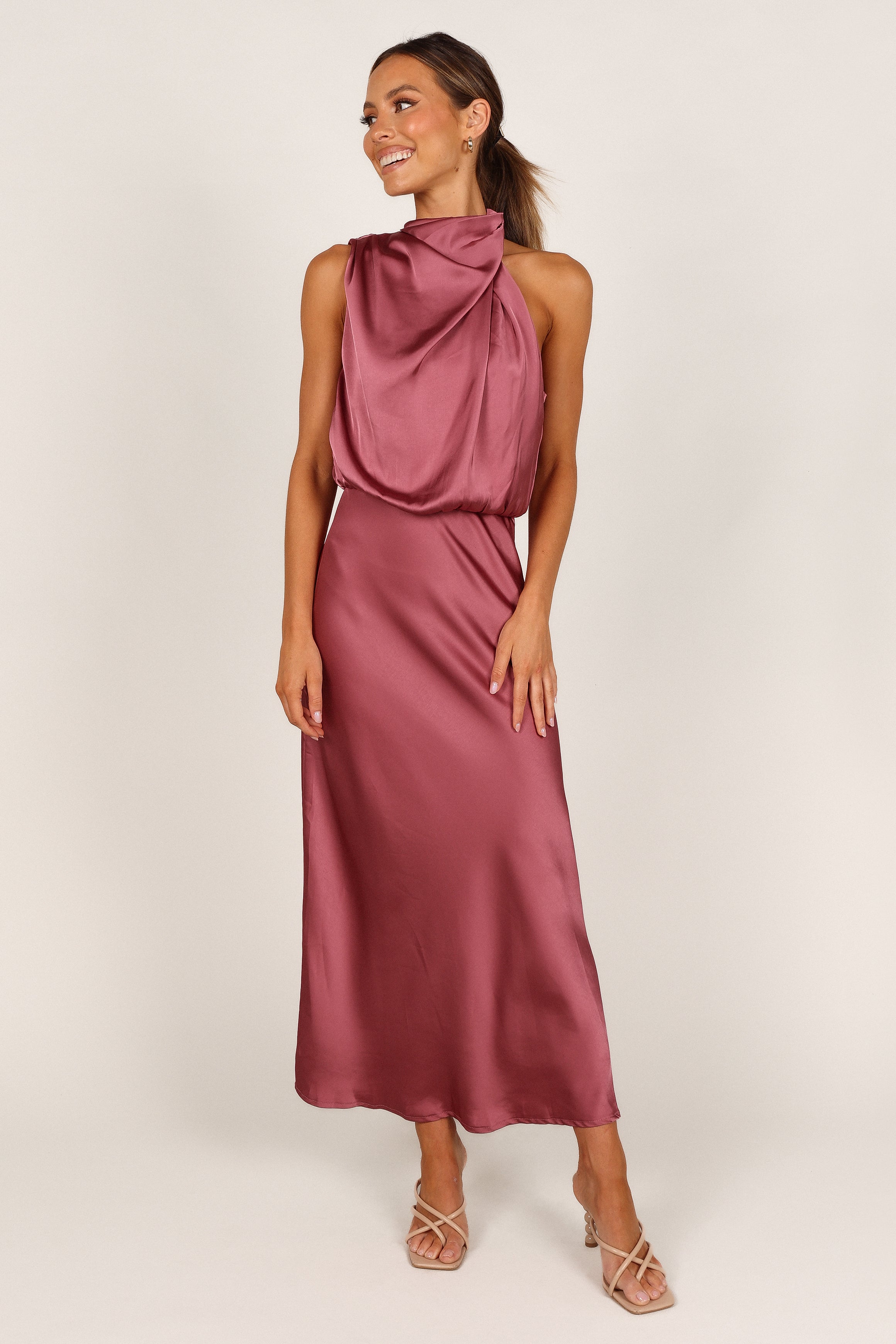 Women's Satin Halter Neck Midi Dress - Dusty Rose Party Wear