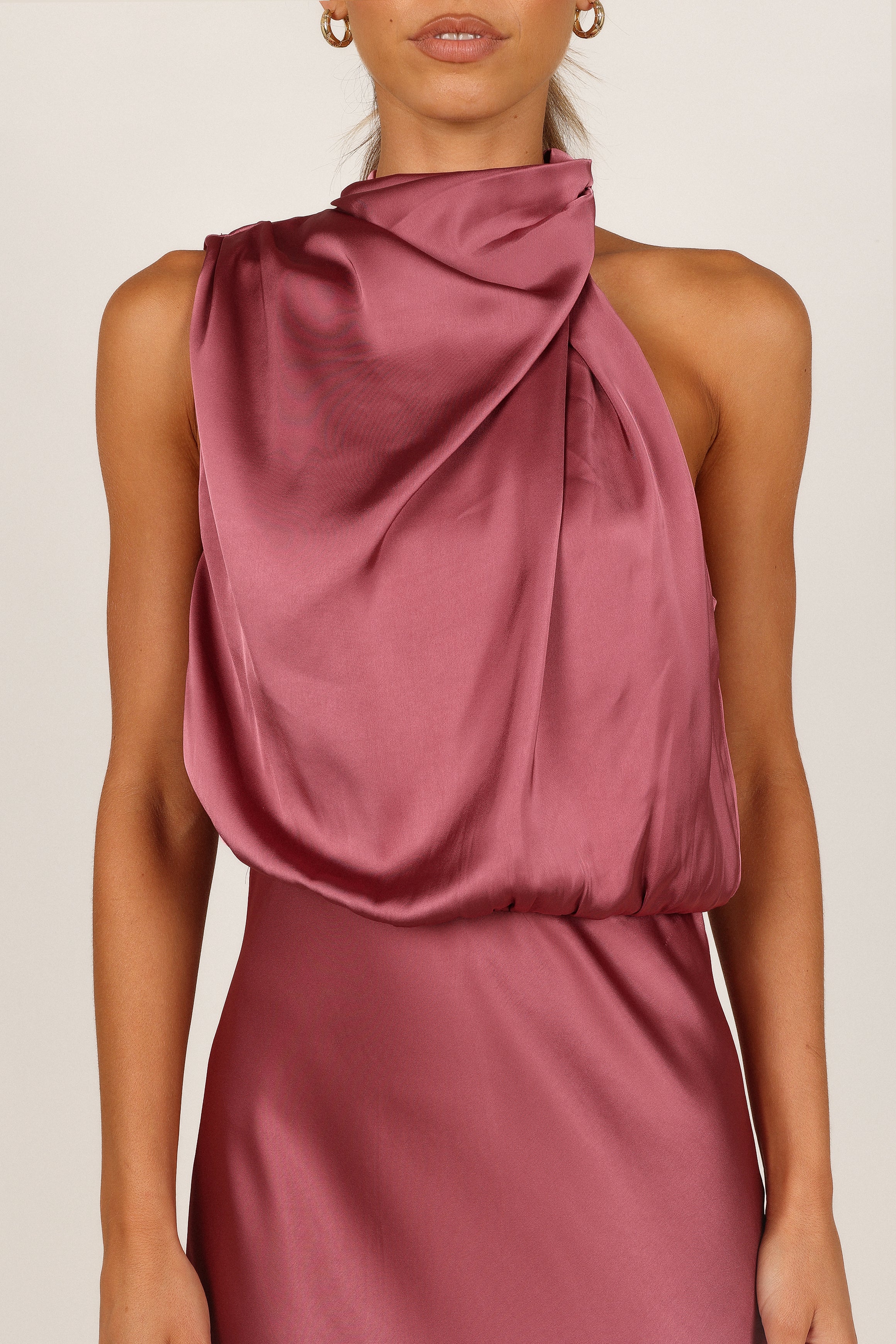 Women's Satin Halter Neck Midi Dress - Dusty Rose Party Wear