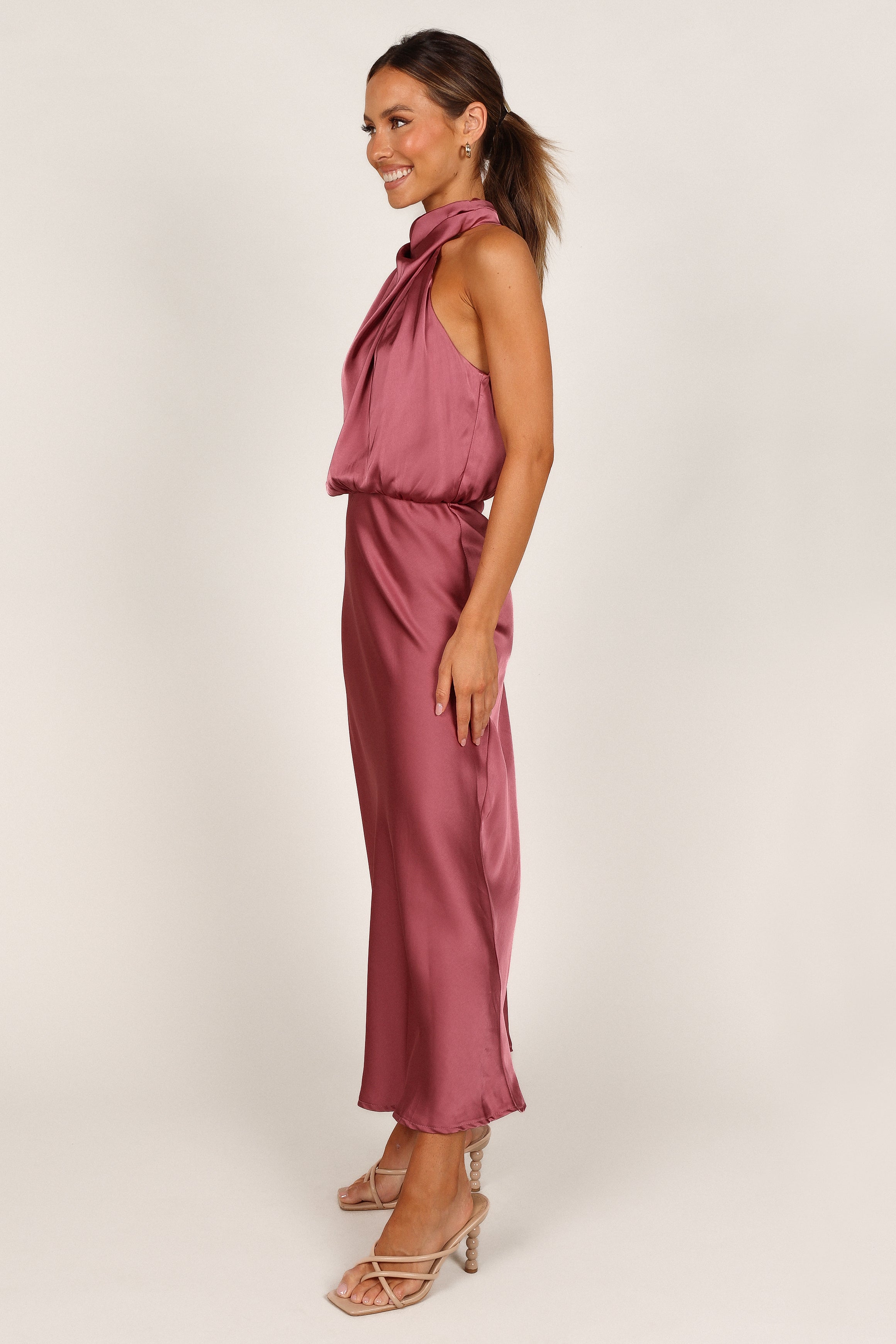 Women's Satin Halter Neck Midi Dress - Dusty Rose Party Wear