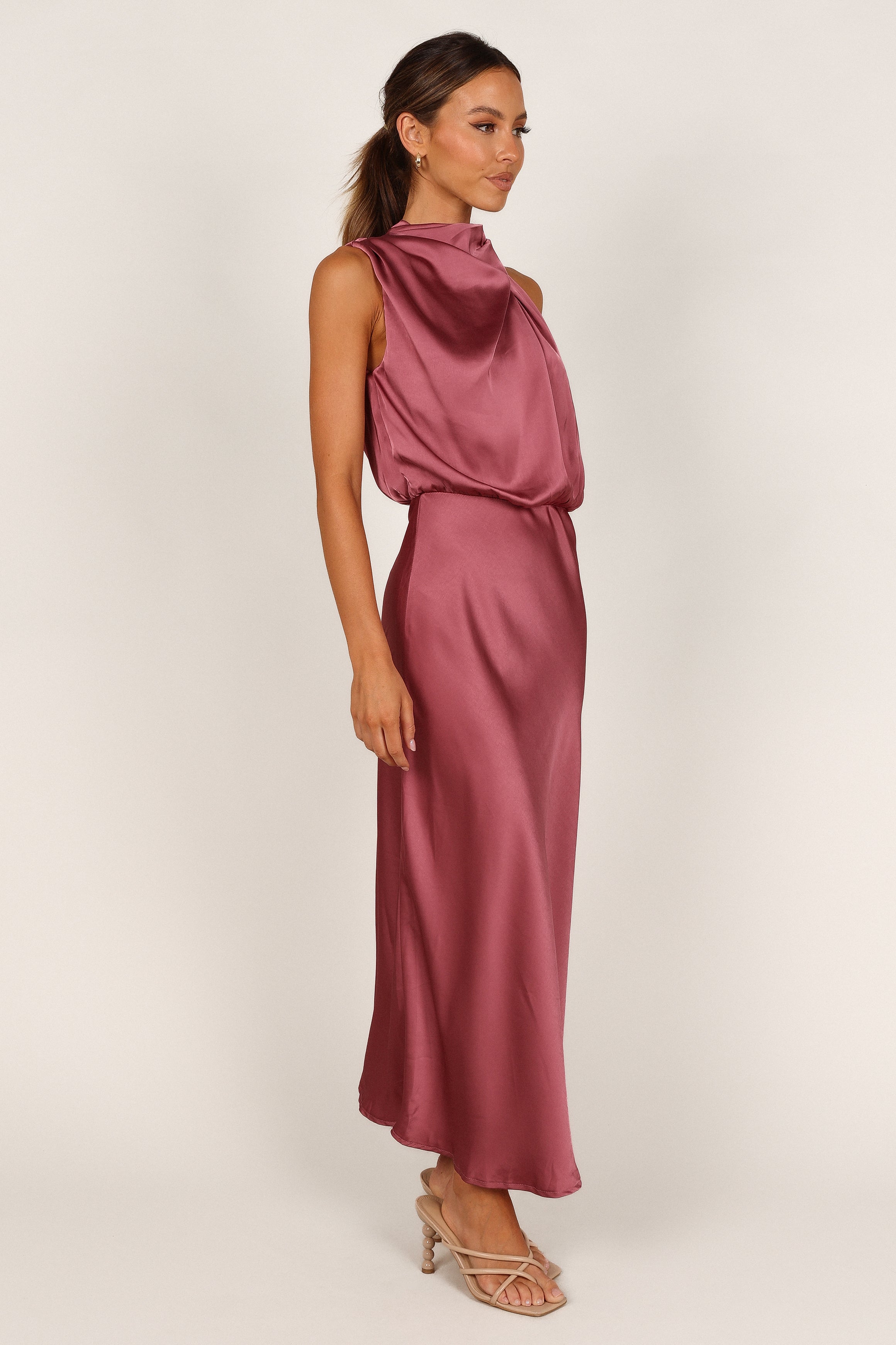 Women's Satin Halter Neck Midi Dress - Dusty Rose Party Wear