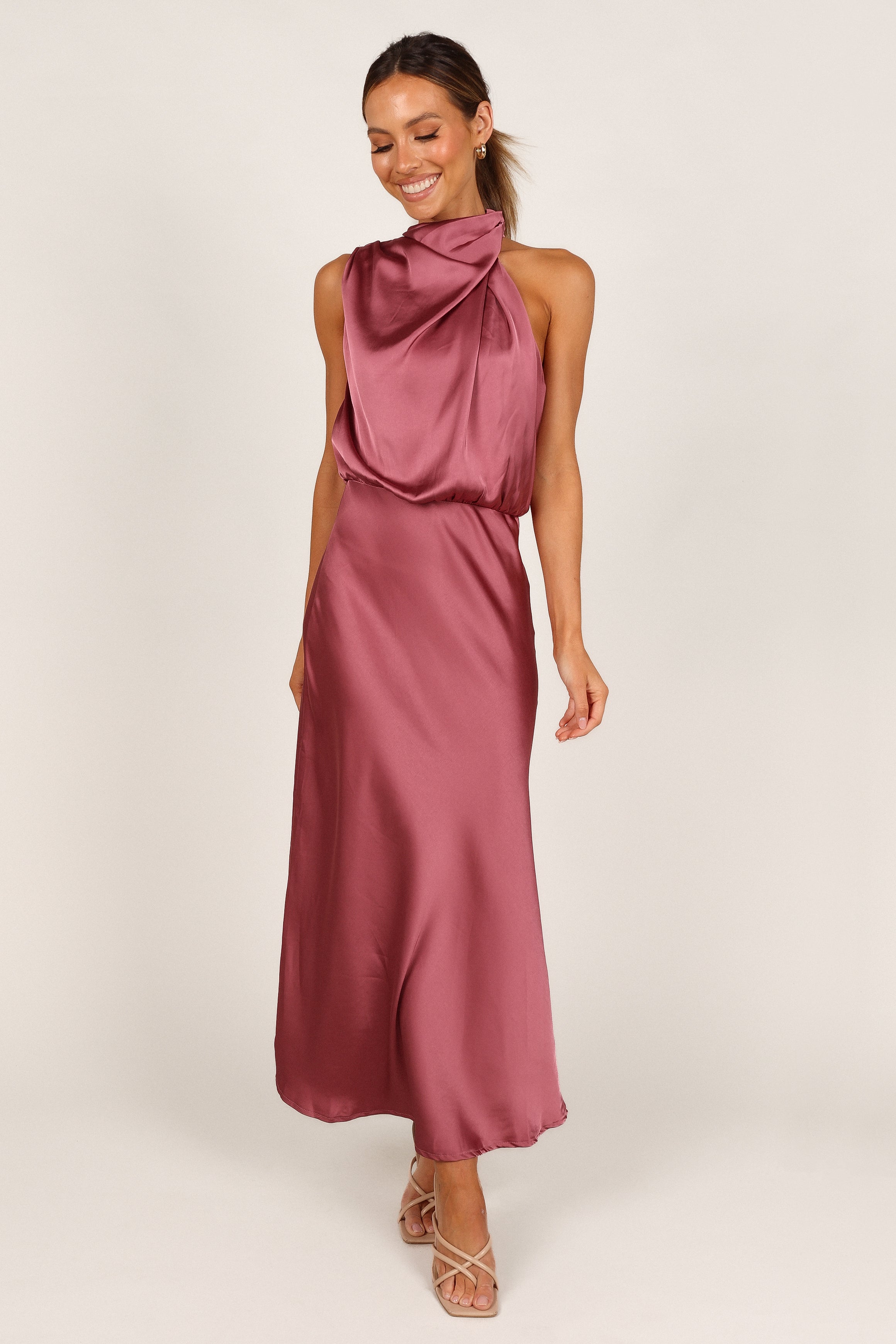 Women's Satin Halter Neck Midi Dress - Dusty Rose Party Wear