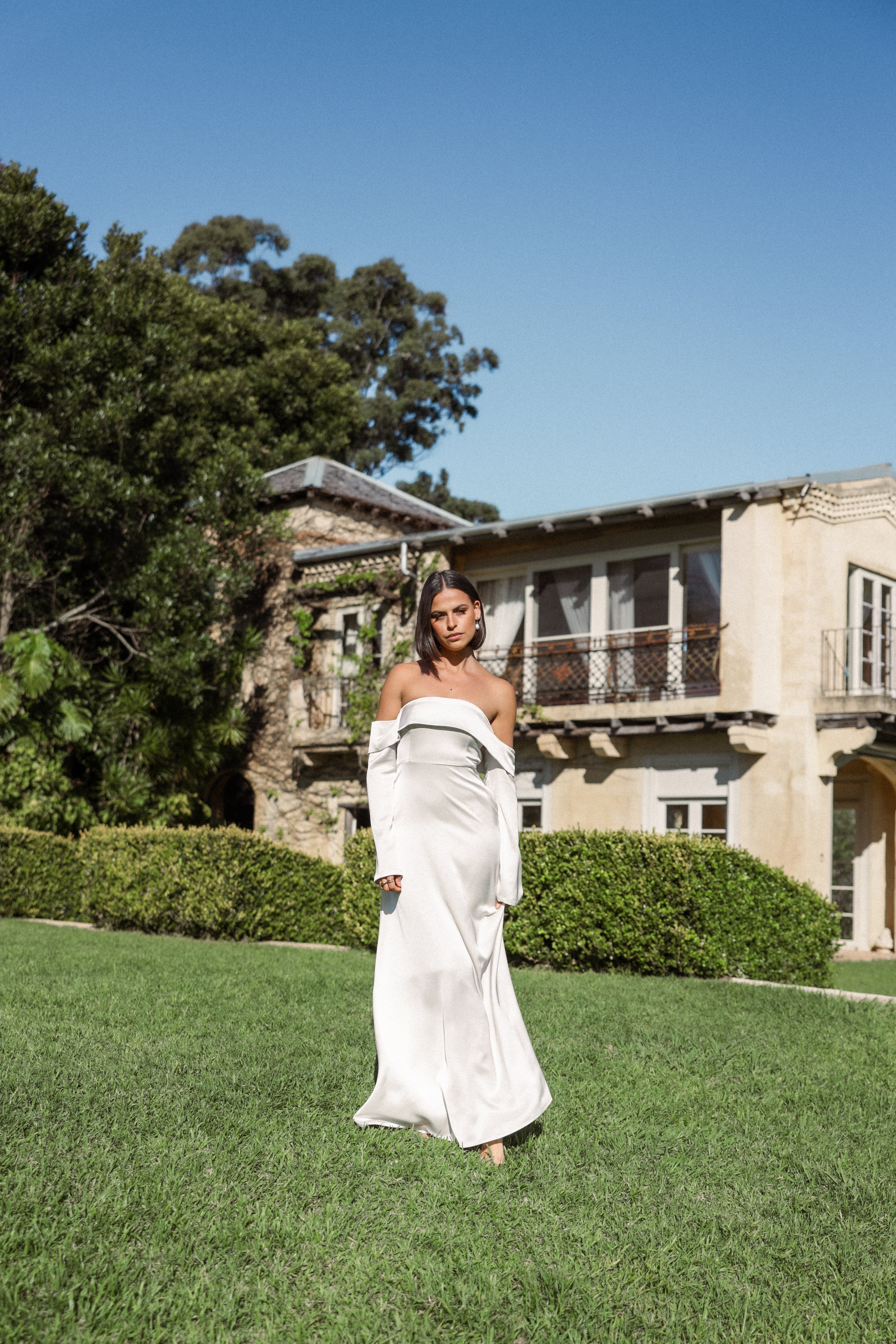Gigi Cream Off Shoulder Maxi Dress with Pockets - Satin Long Sleeve