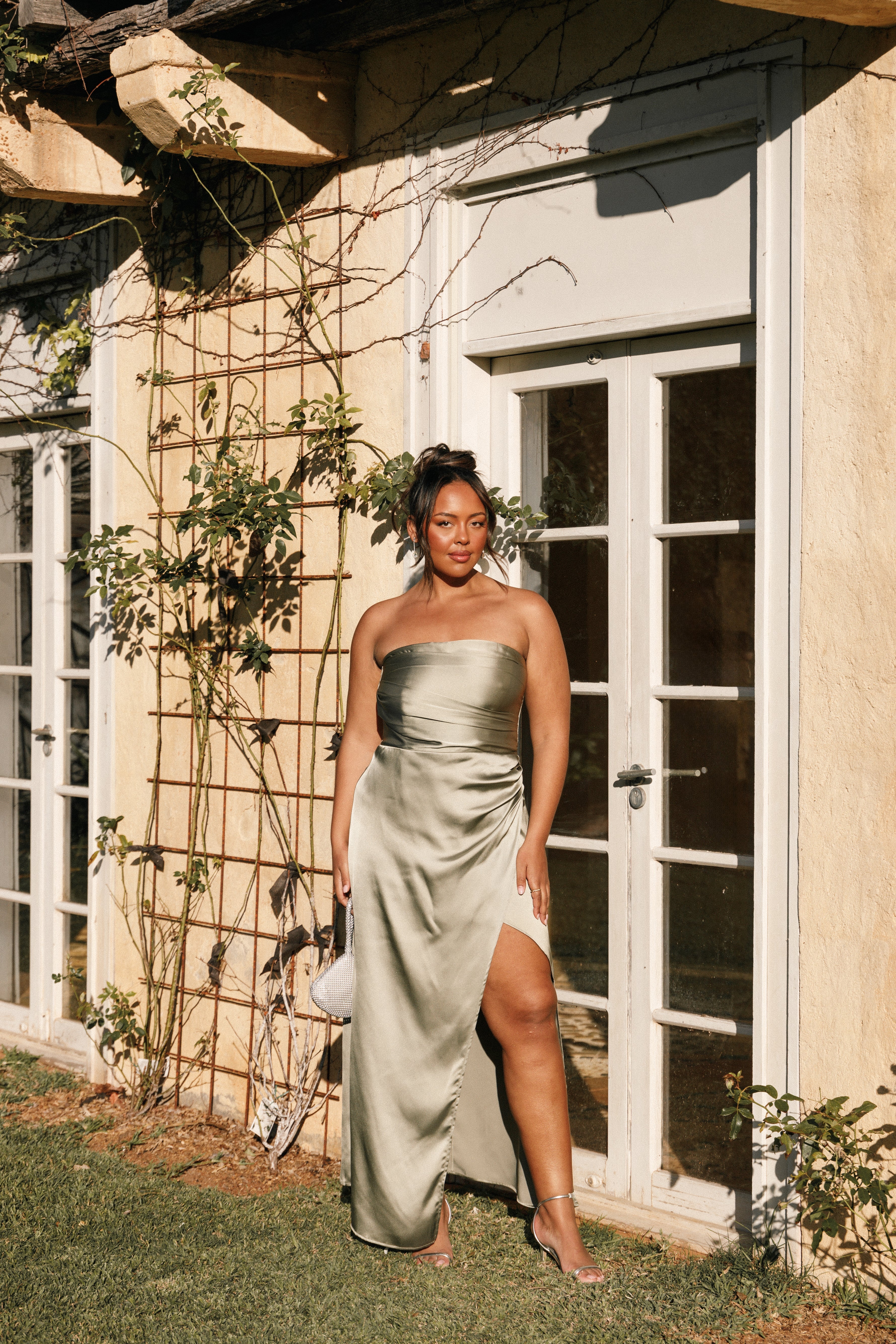 Elegant Olive Strapless Maxi Dress for Weddings & Galas