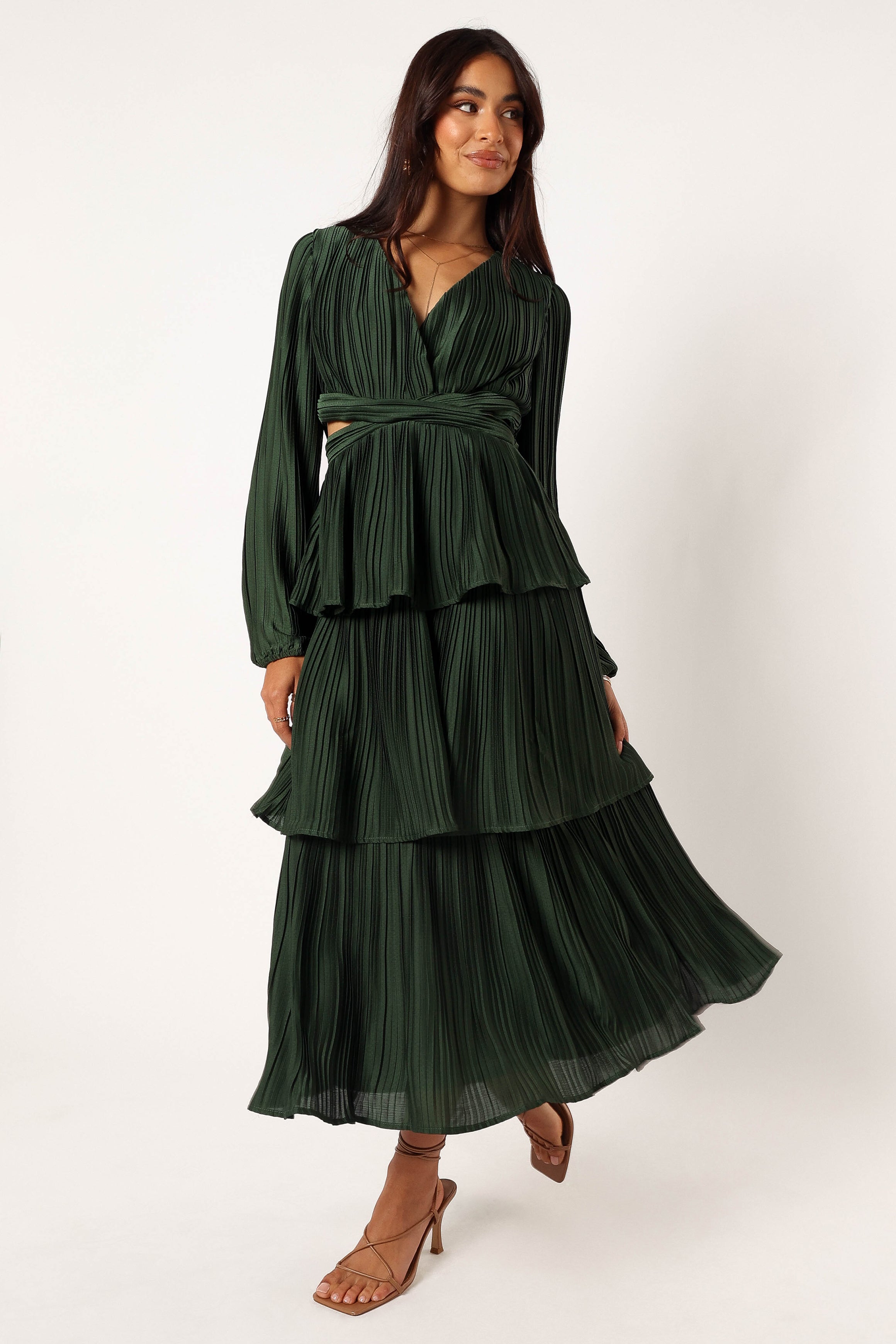 Emerald Green Pippa Midi Dress with Long Sleeves & V-Neck
