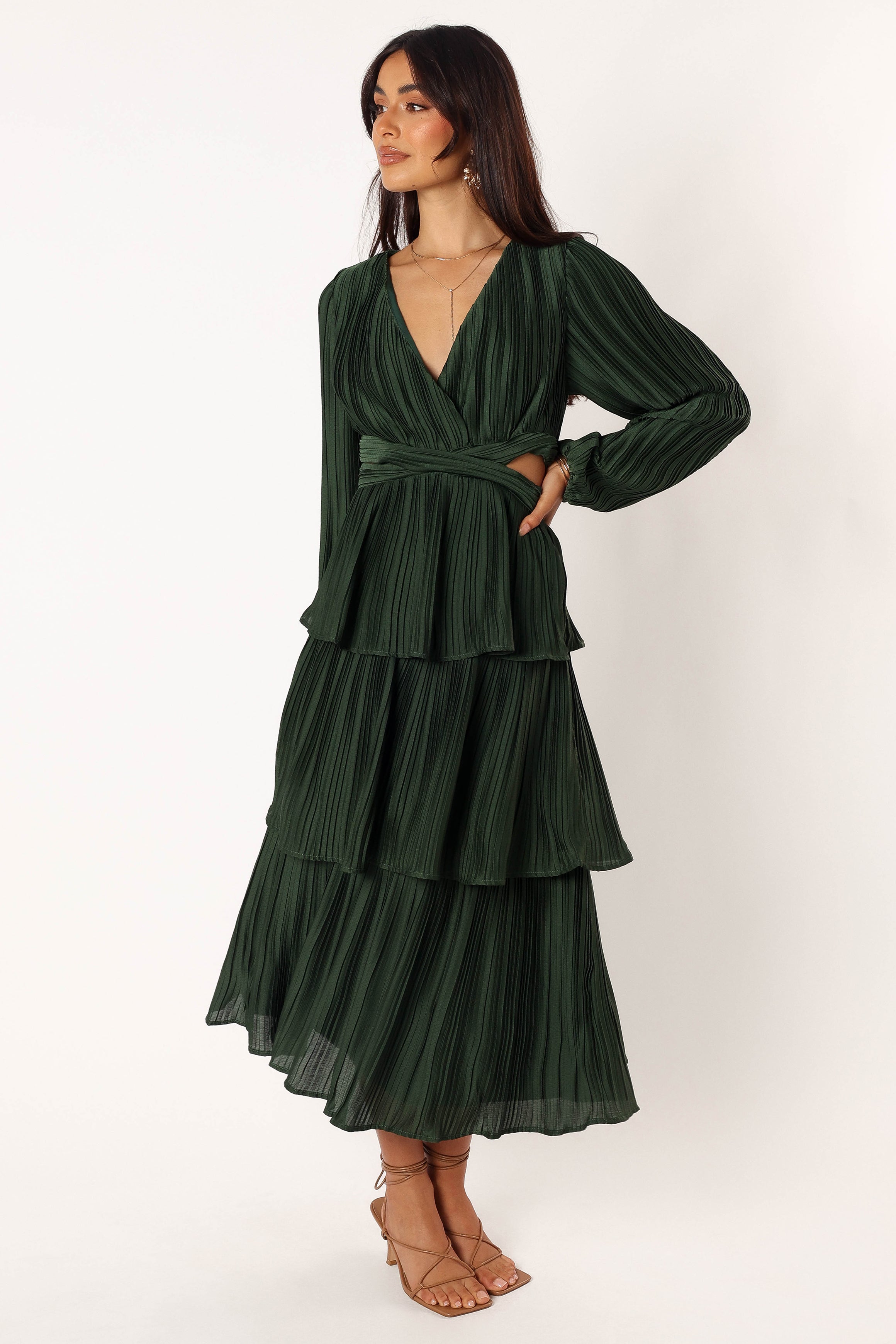 Emerald Green Pippa Midi Dress with Long Sleeves & V-Neck