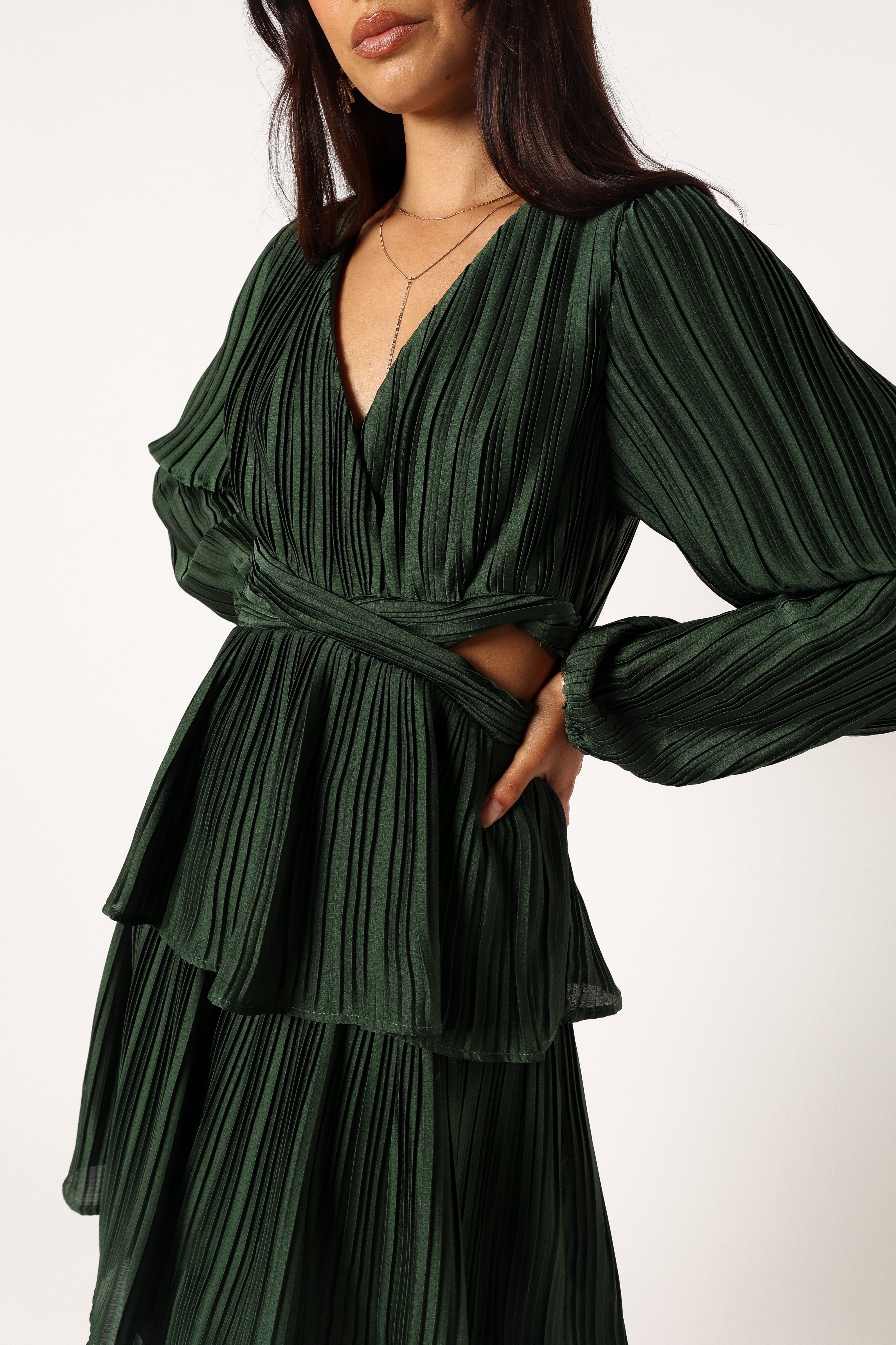 Emerald Green Pippa Midi Dress with Long Sleeves & V-Neck