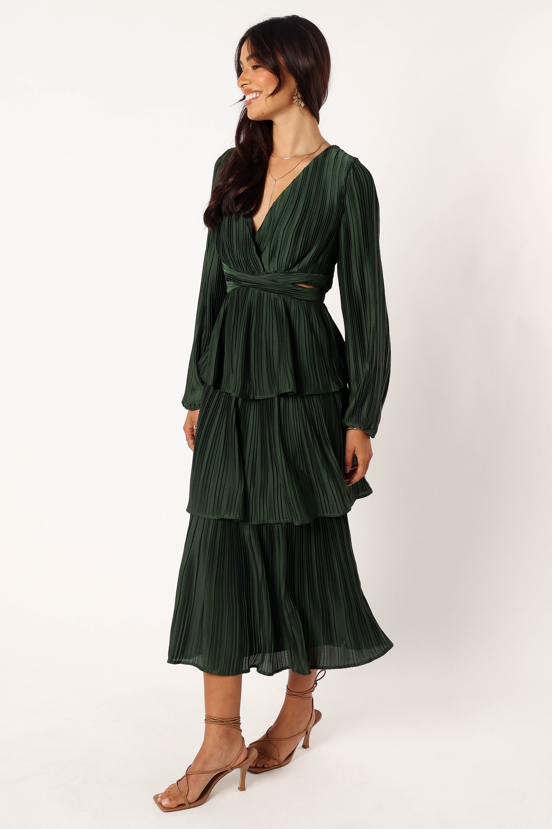 Emerald Green Pippa Midi Dress with Long Sleeves & V-Neck