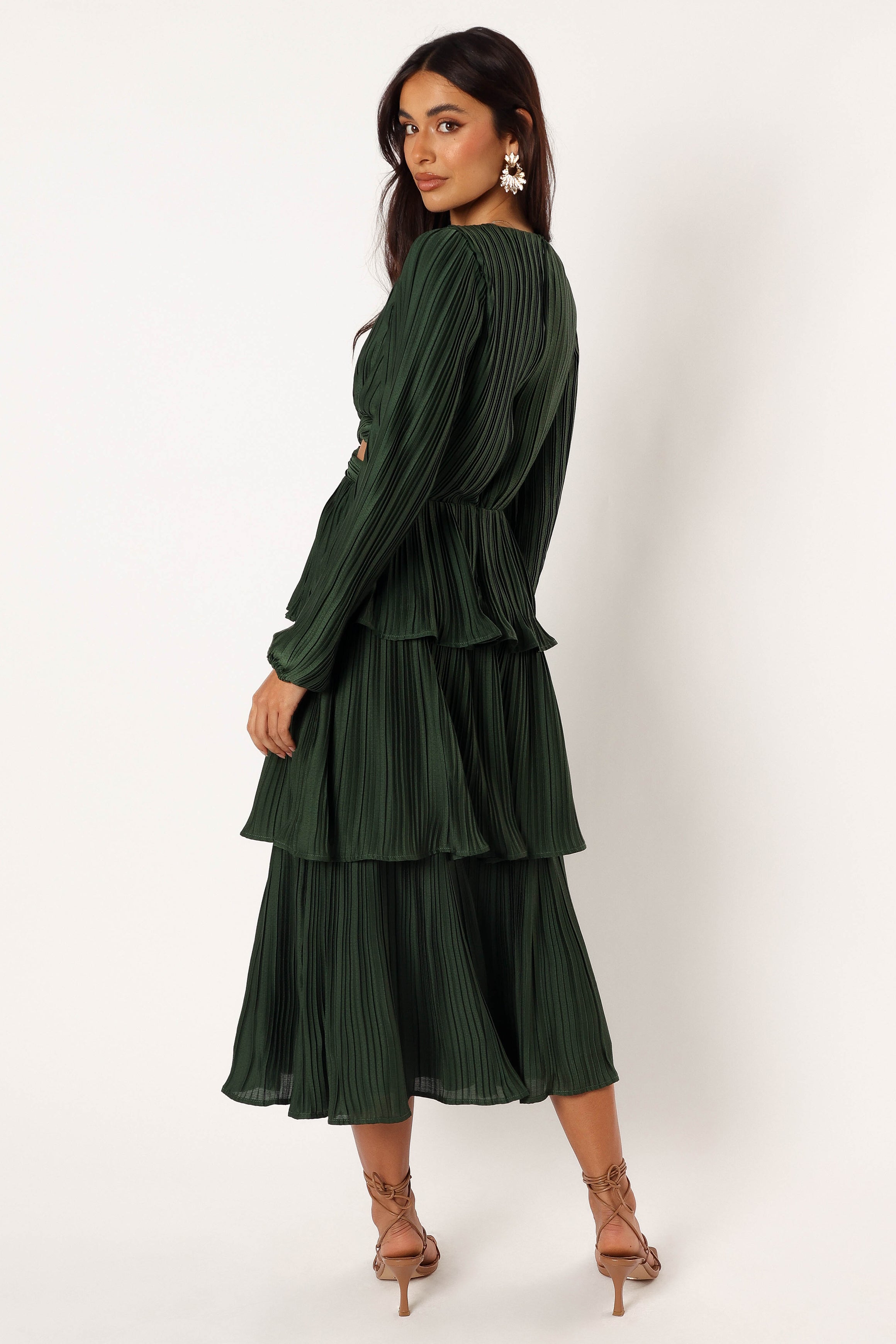 Emerald Green Pippa Midi Dress with Long Sleeves & V-Neck