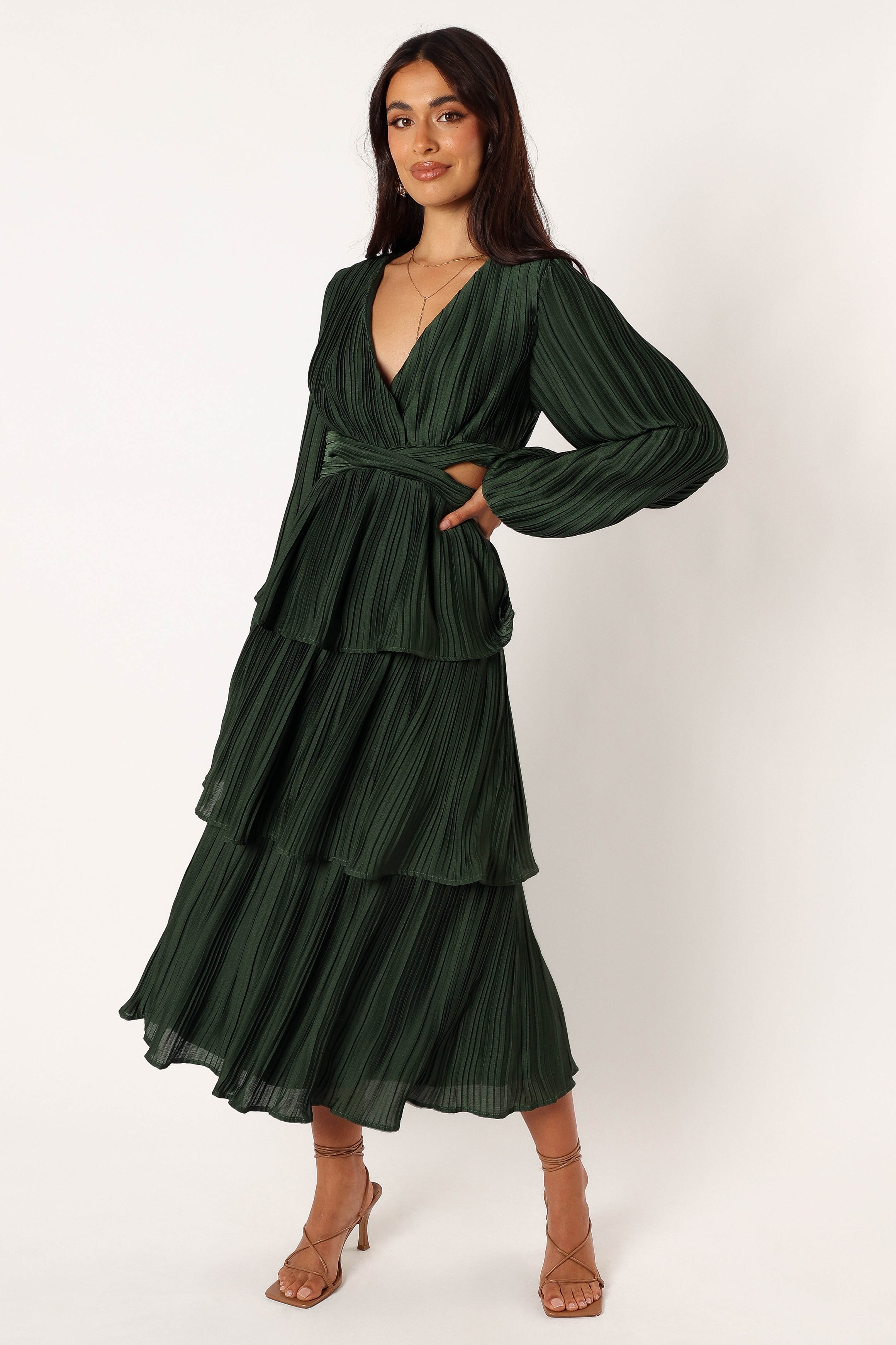 Emerald Green Pippa Midi Dress with Long Sleeves & V-Neck
