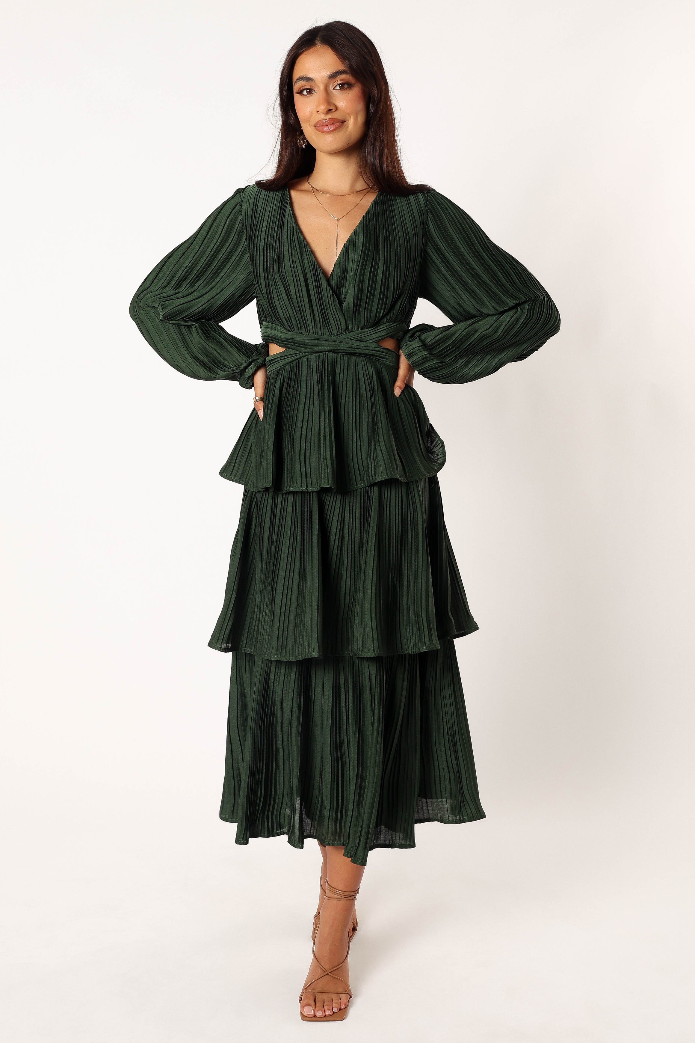 Emerald Green Pippa Midi Dress with Long Sleeves & V-Neck