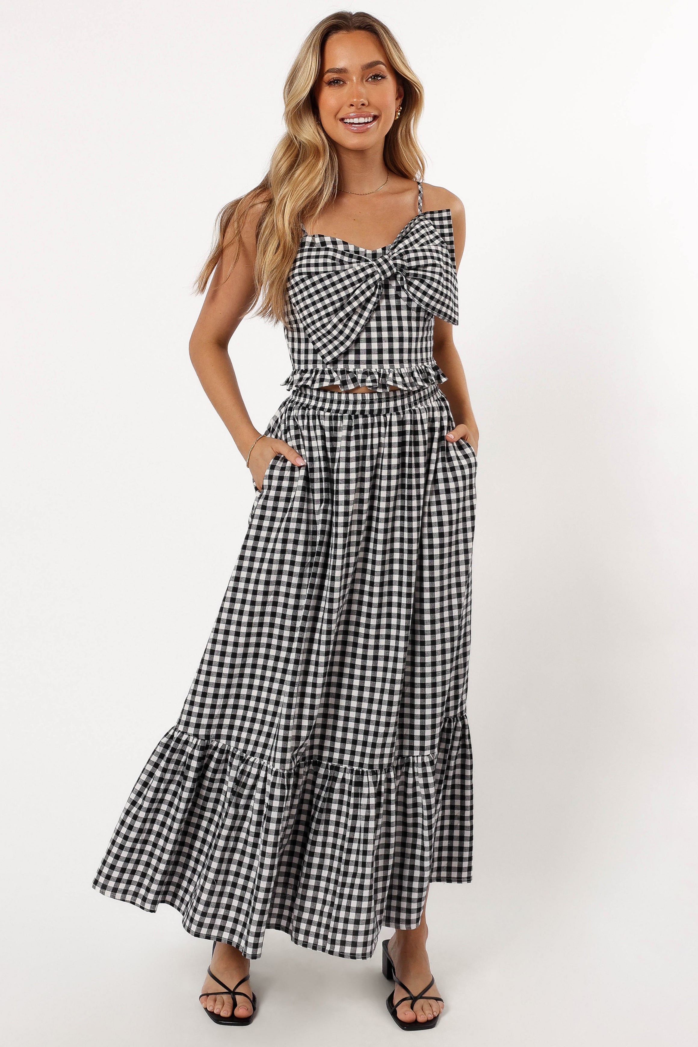 Black Gingham Bambi Tiered Midi Skirt with Pockets - Cotton A-Line