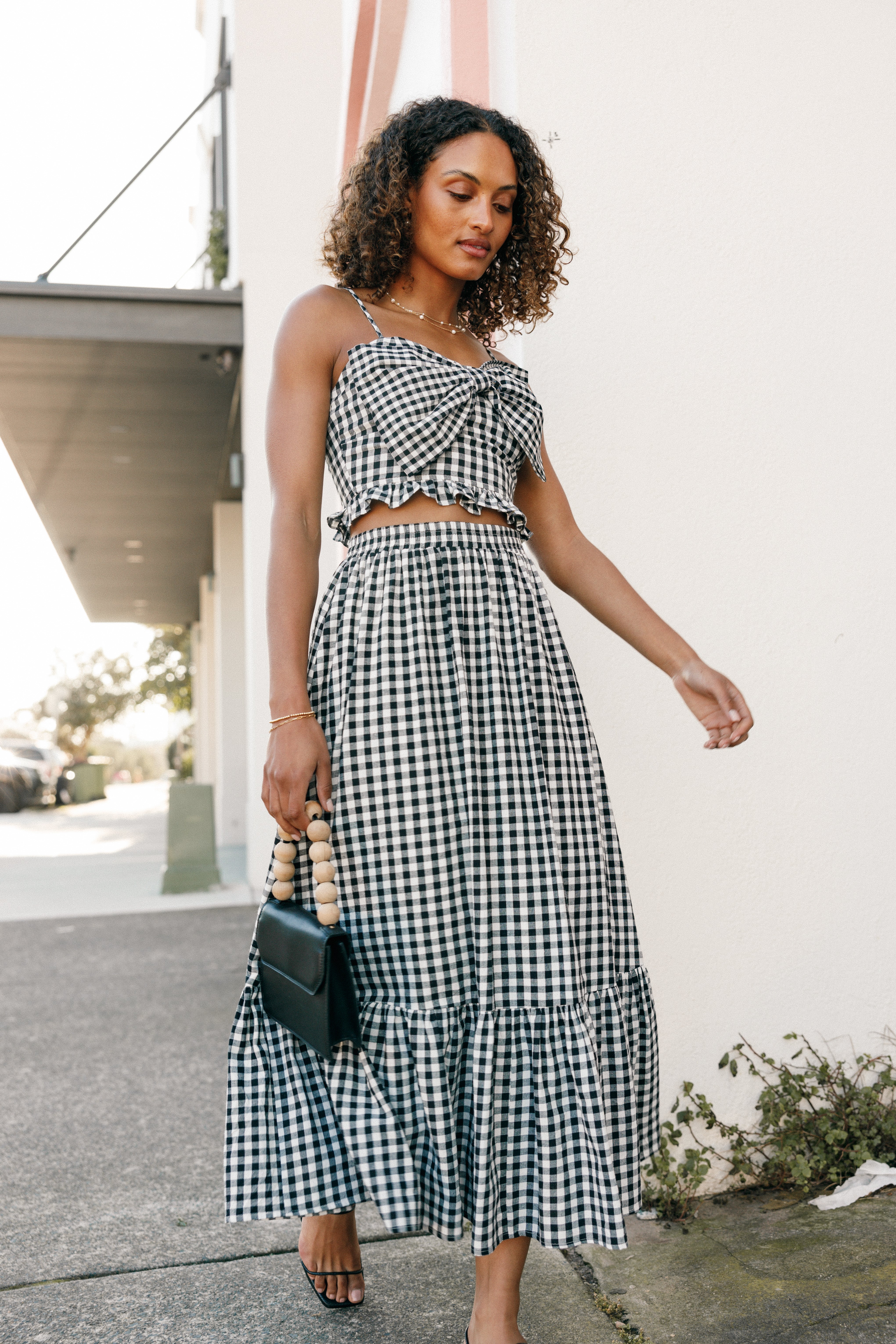 Black Gingham Bambi Tiered Midi Skirt with Pockets - Cotton A-Line