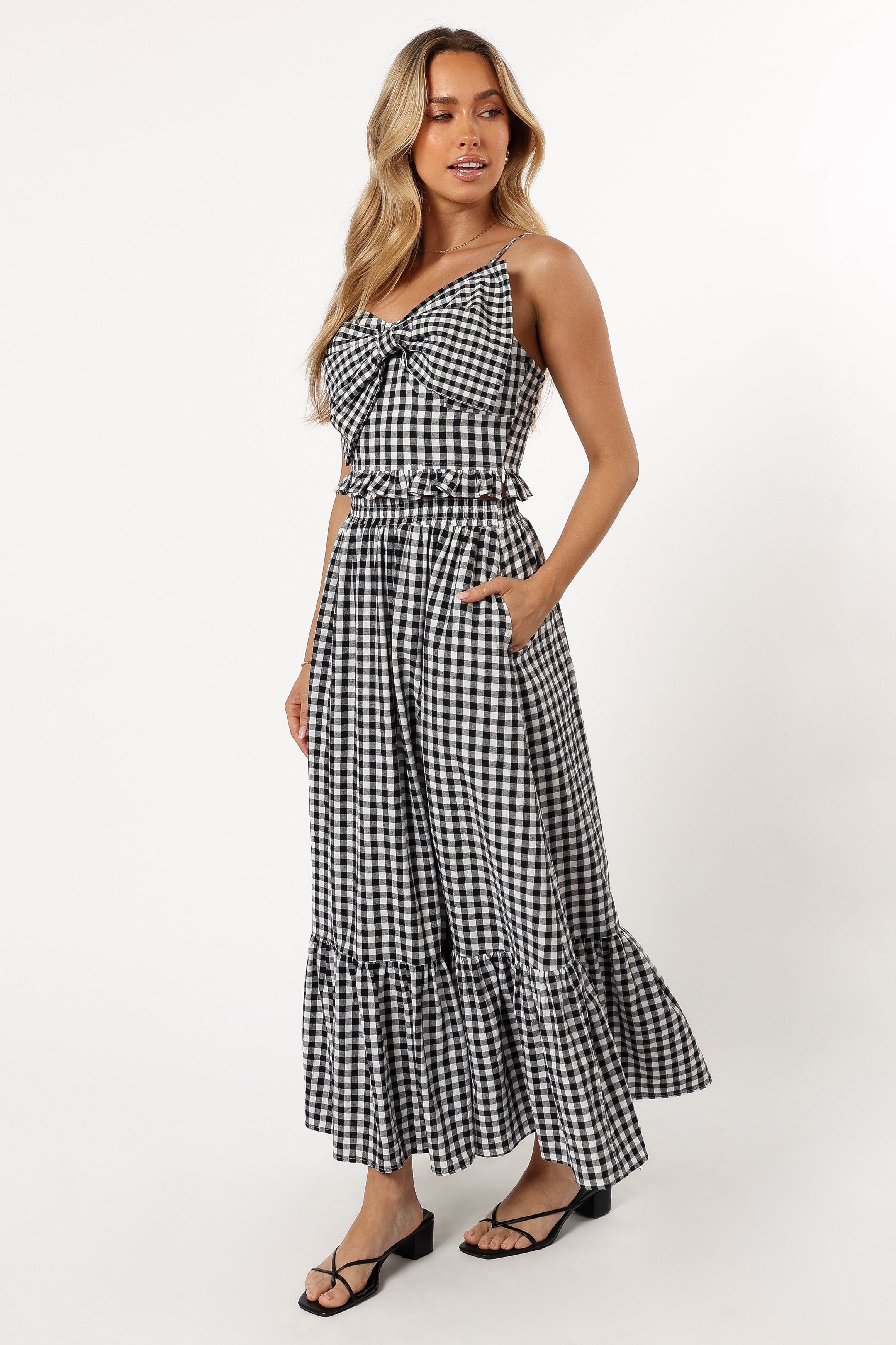 Black Gingham Bambi Tiered Midi Skirt with Pockets - Cotton A-Line