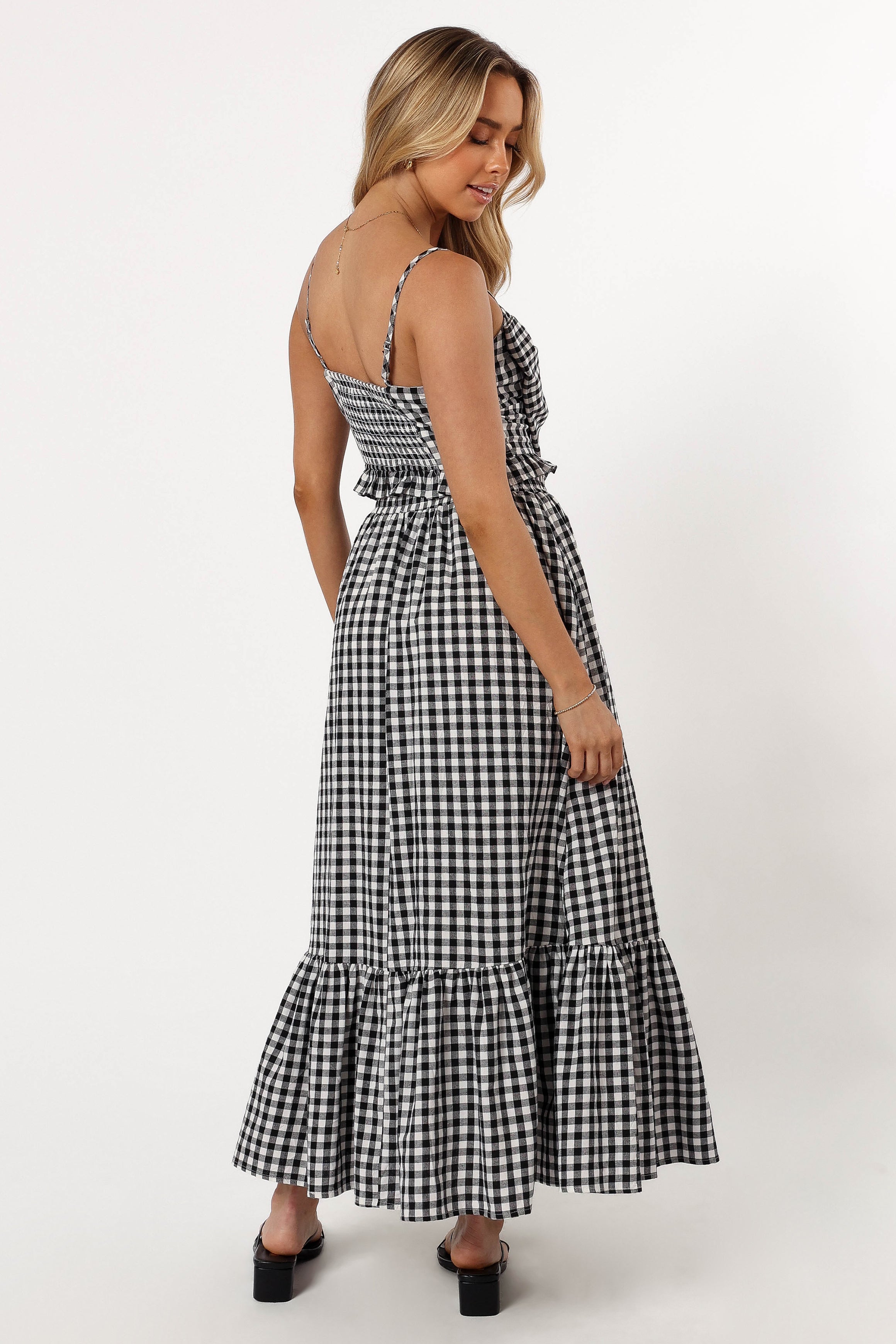 Black Gingham Bambi Tiered Midi Skirt with Pockets - Cotton A-Line