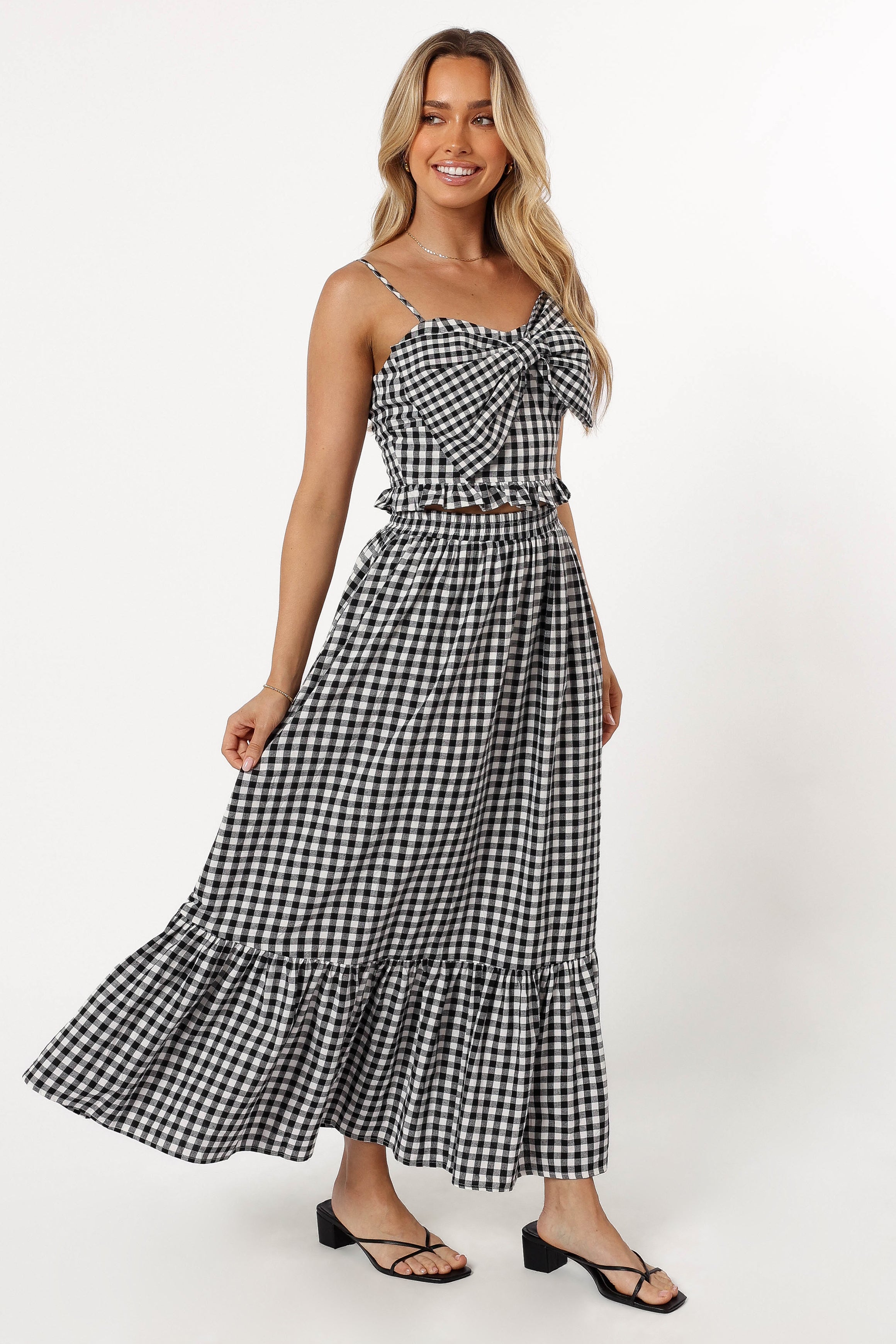 Black Gingham Bambi Tiered Midi Skirt with Pockets - Cotton A-Line
