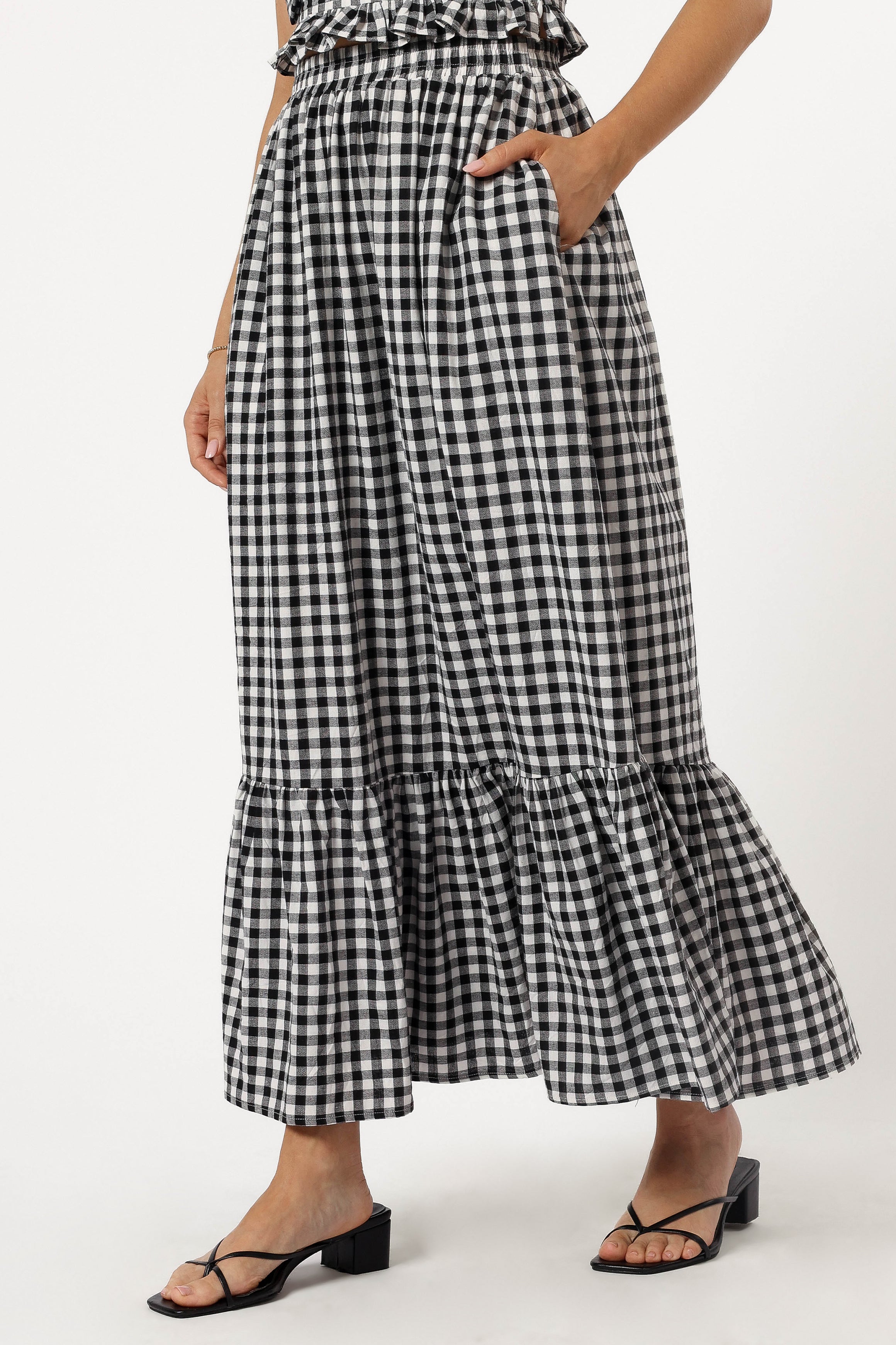 Black Gingham Bambi Tiered Midi Skirt with Pockets - Cotton A-Line