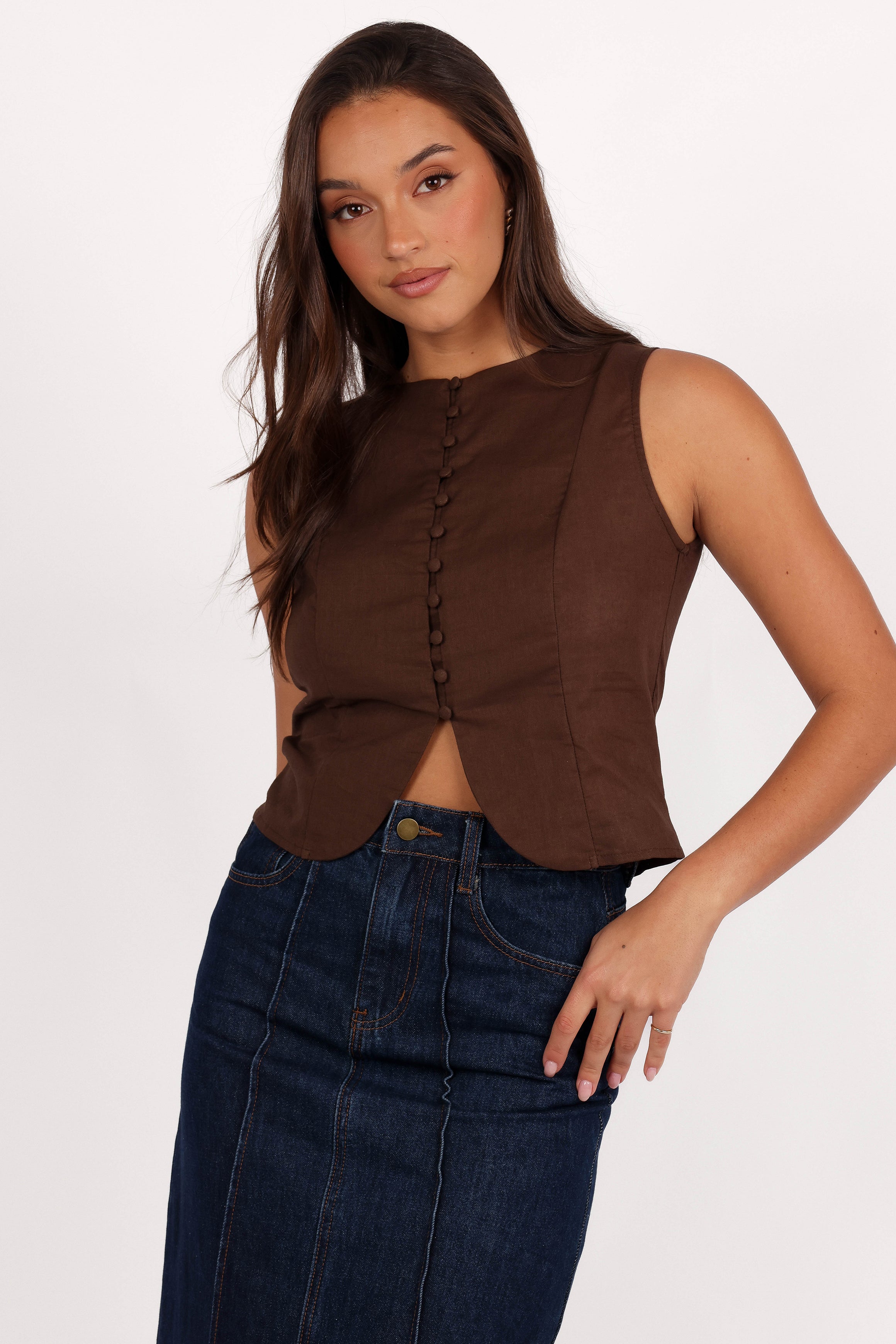 Women's Chocolate Brown Linen Vest - Button Down Cotton Blend Top