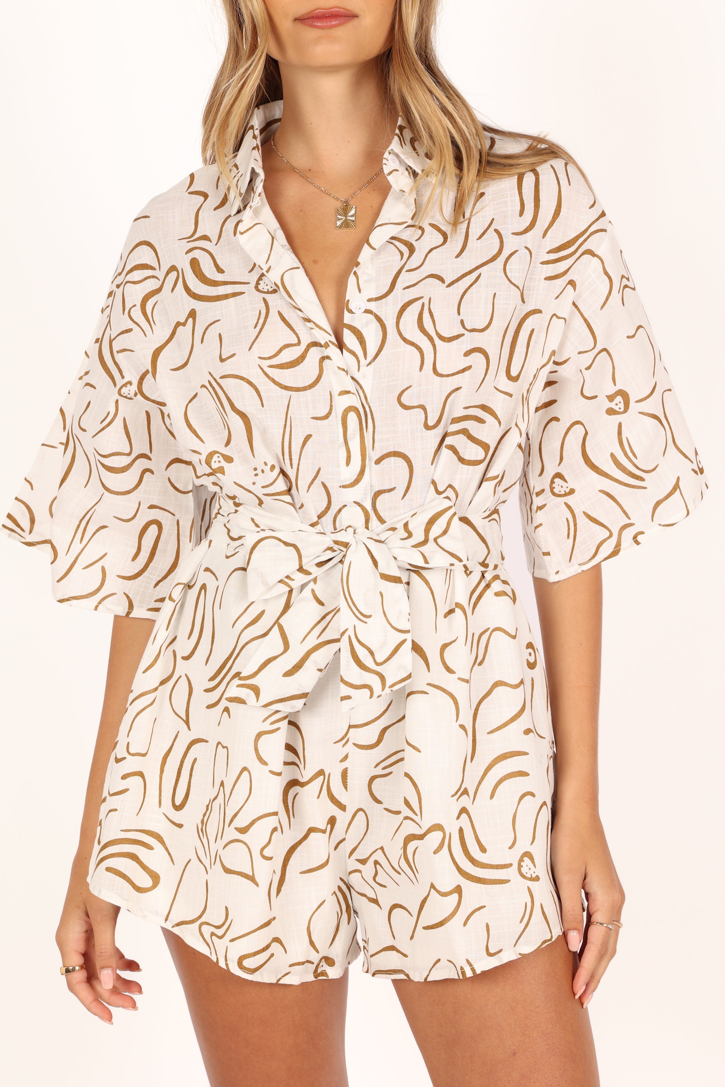 Women's Cotton Abstract Print Romper with V-Neck & Detachable Tie - Kellie