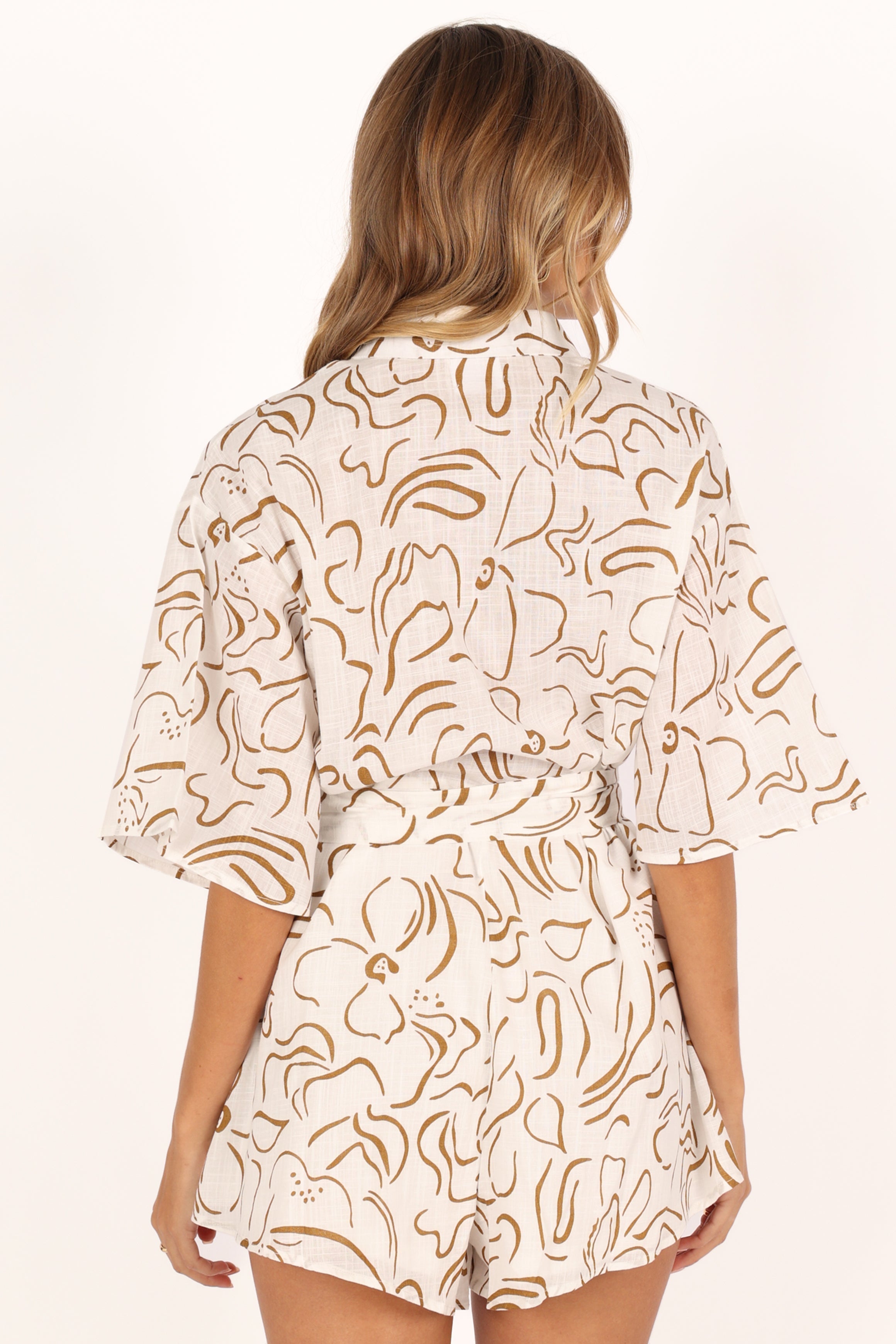 Women's Cotton Abstract Print Romper with V-Neck & Detachable Tie - Kellie