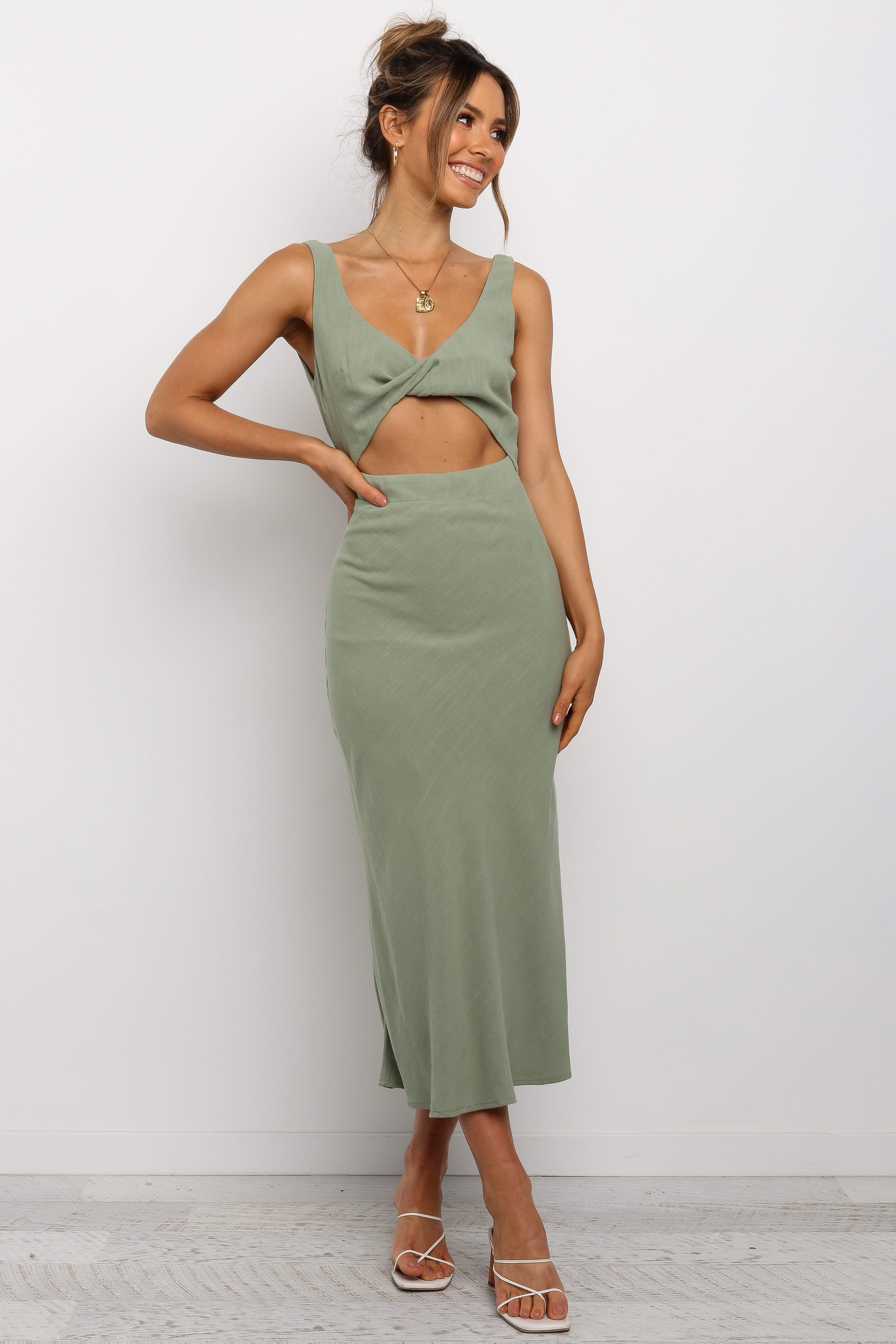 Olive Apollo Twist Detail Midi Dress with V Neckline
