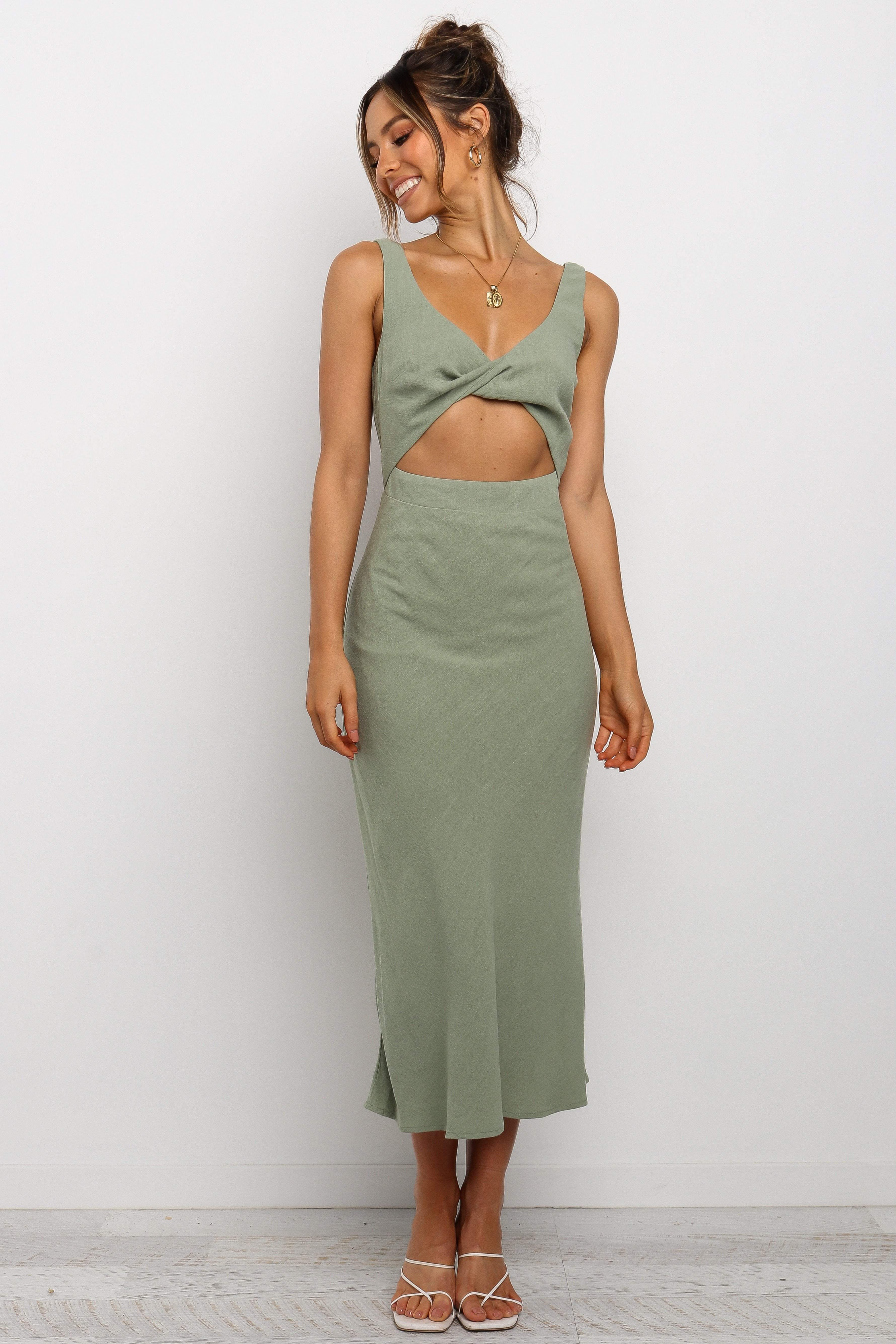 Olive Apollo Twist Detail Midi Dress with V Neckline