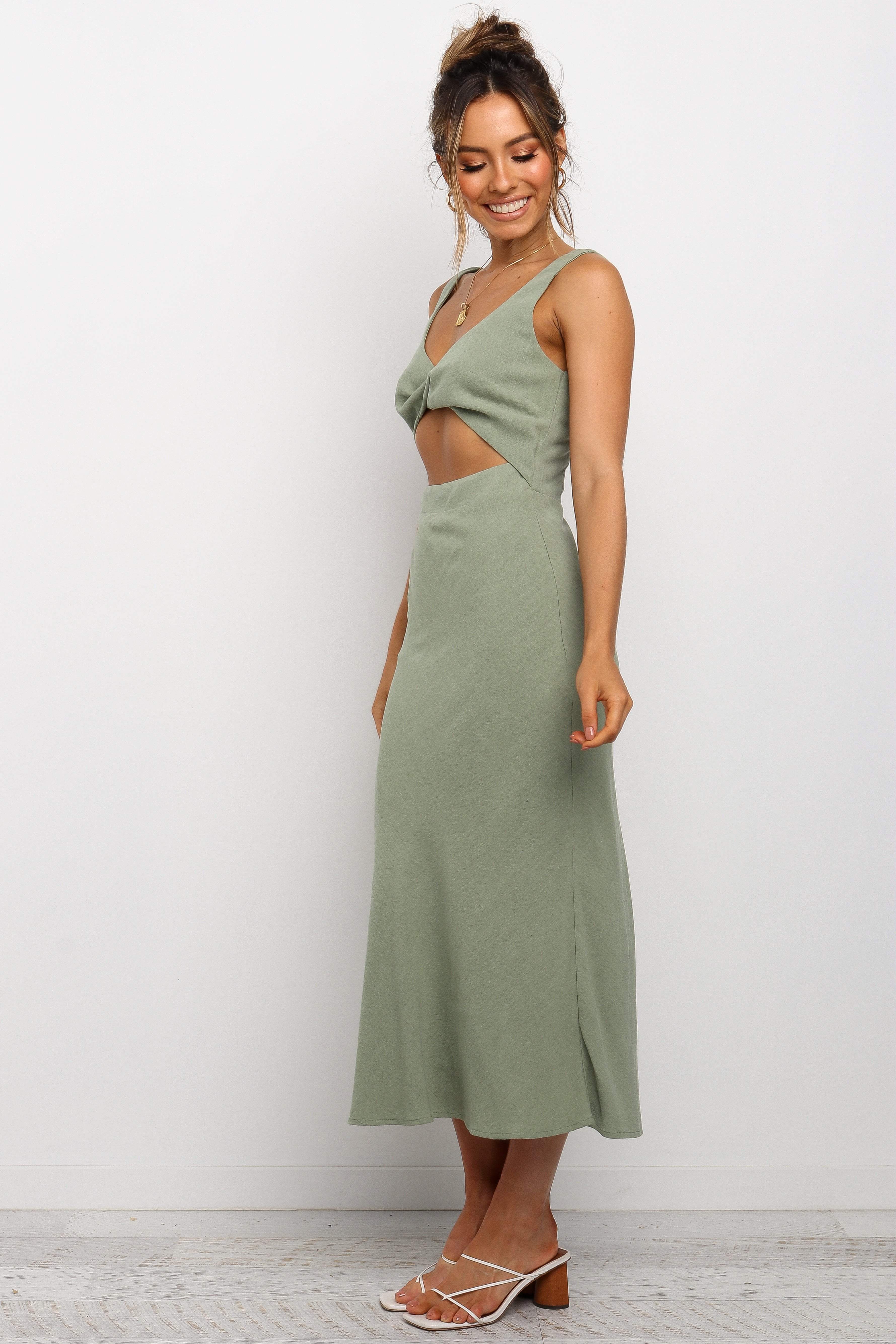 Olive Apollo Twist Detail Midi Dress with V Neckline