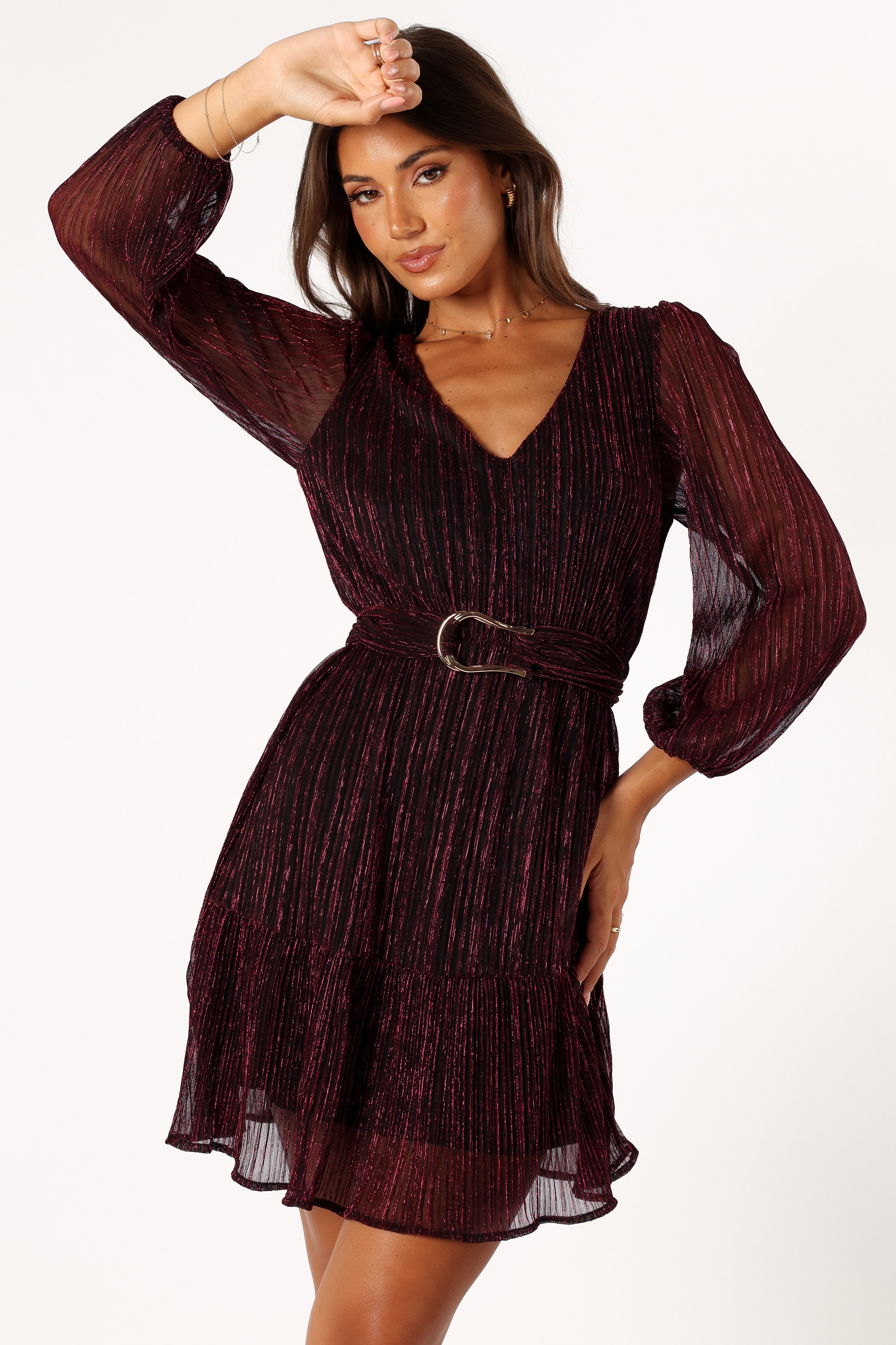Pink Glitter Long Sleeve Mini Party Dress - V Neck & Belt