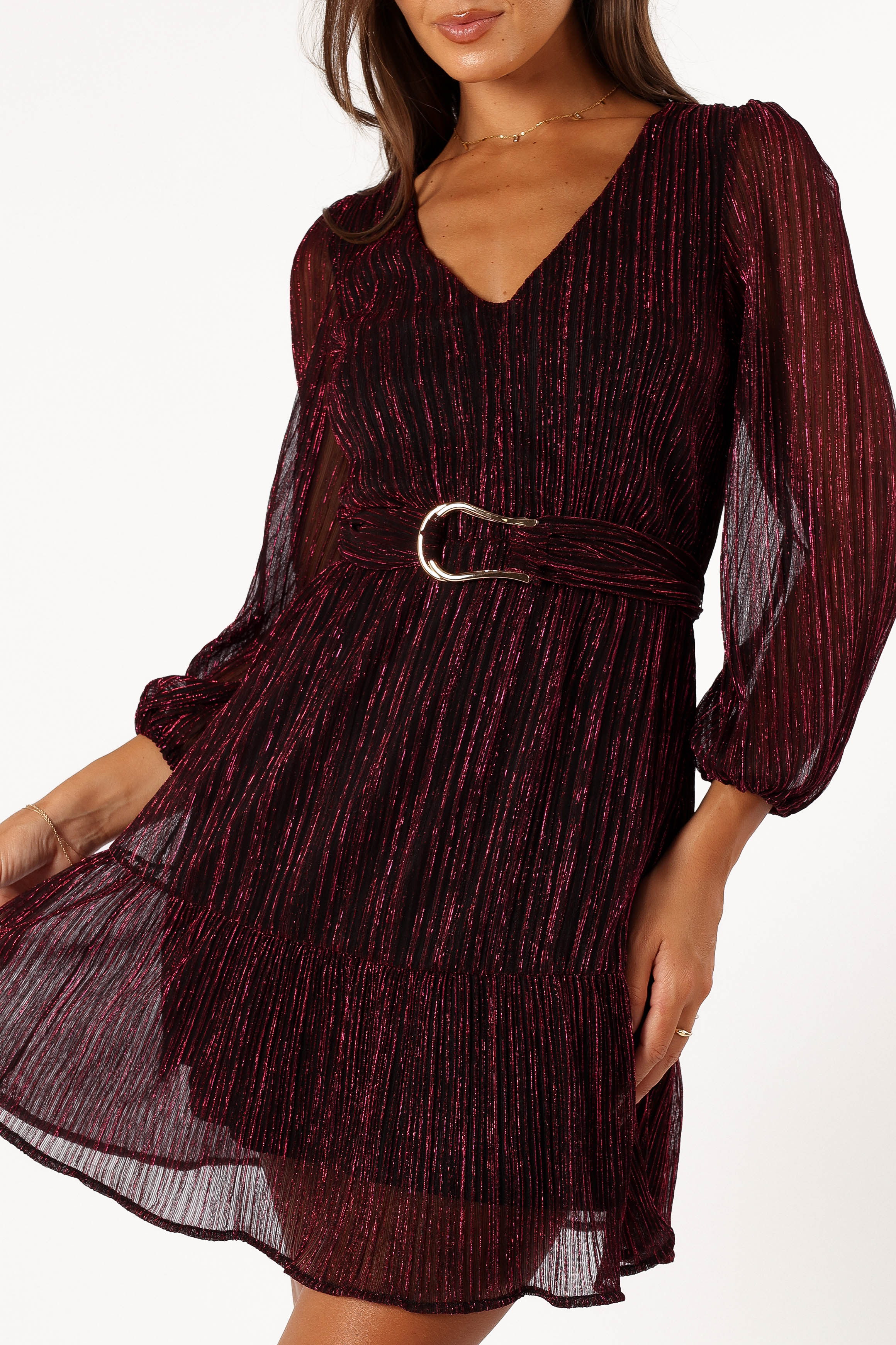 Pink Glitter Long Sleeve Mini Party Dress - V Neck & Belt