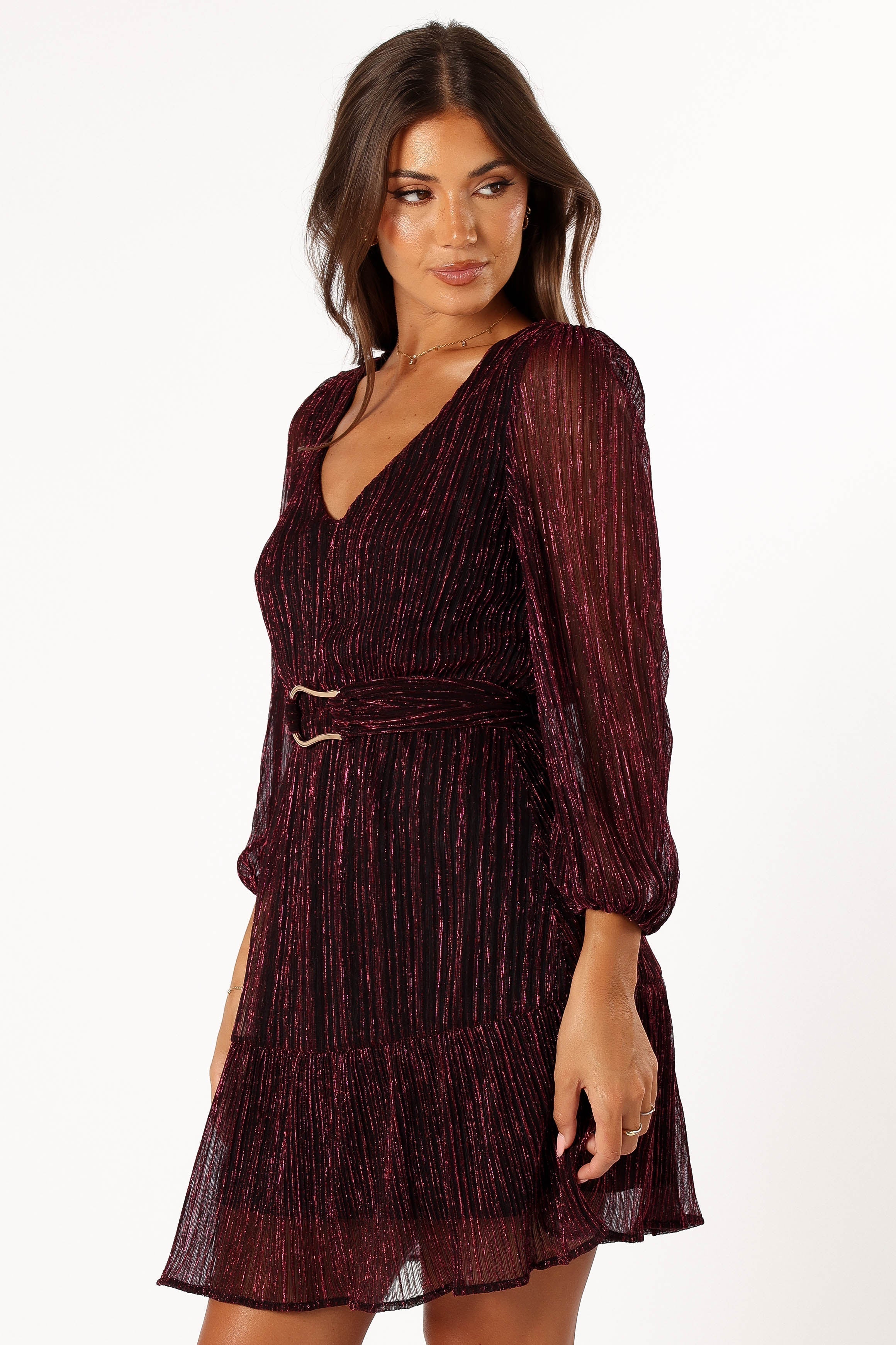 Pink Glitter Long Sleeve Mini Party Dress - V Neck & Belt