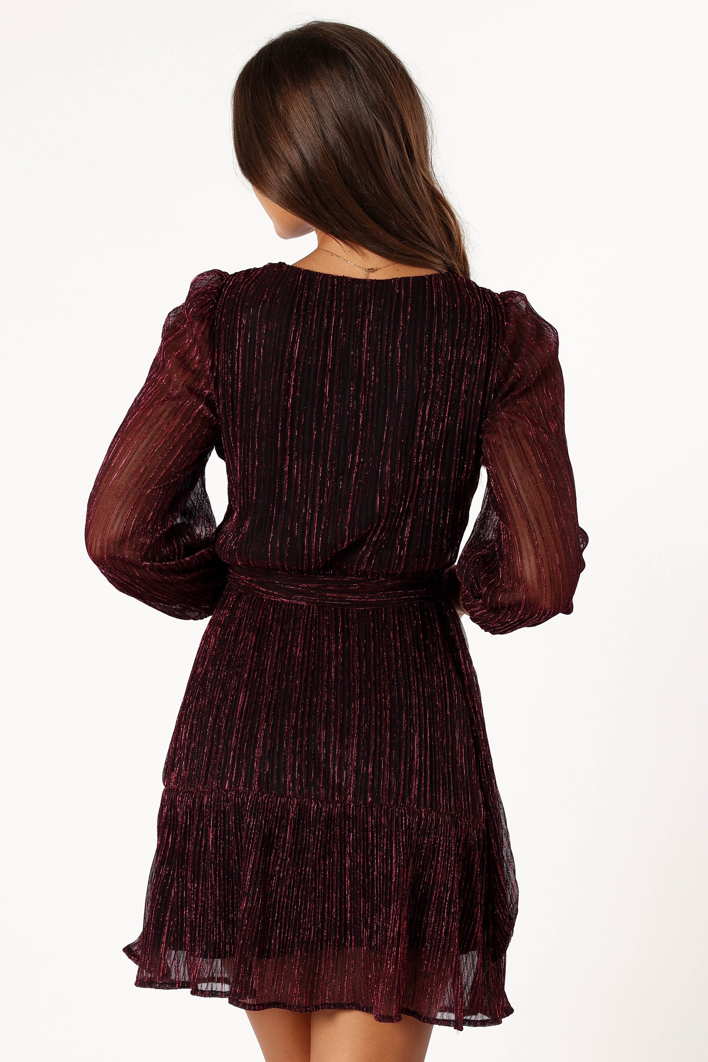 Pink Glitter Long Sleeve Mini Party Dress - V Neck & Belt