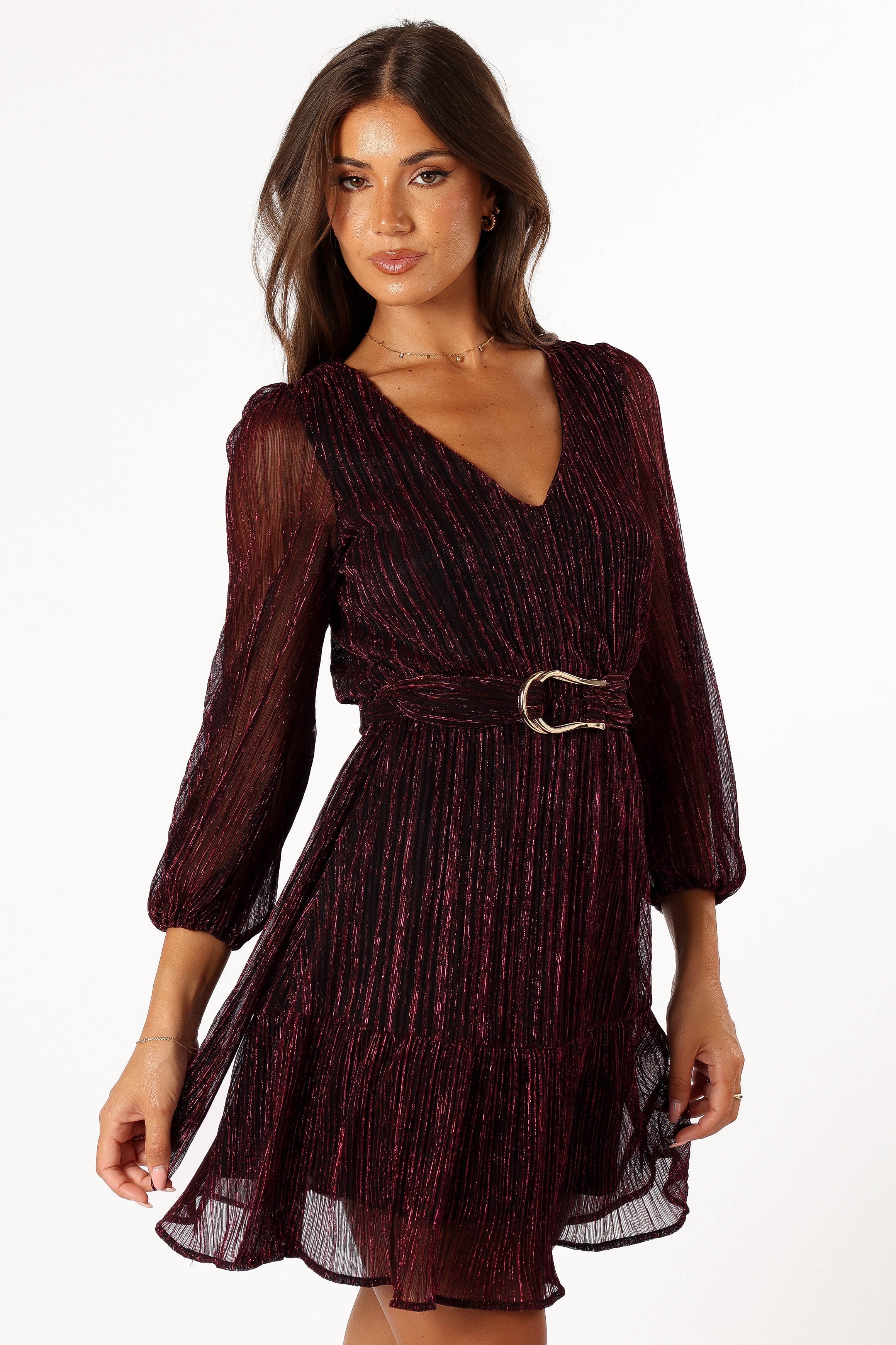 Pink Glitter Long Sleeve Mini Party Dress - V Neck & Belt