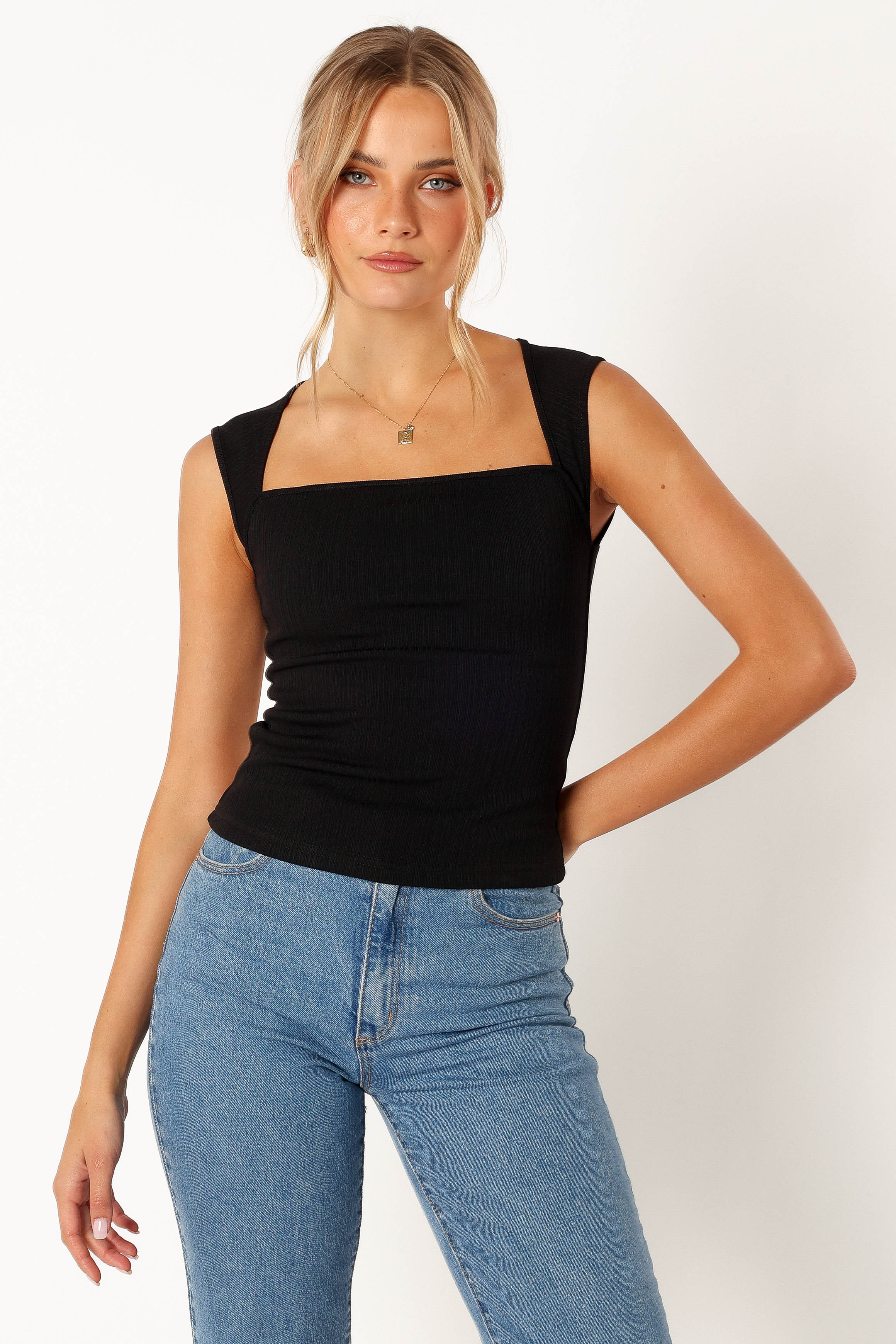 Women's Clara Ribbed Sleeveless Top - Black Stretch Polyester