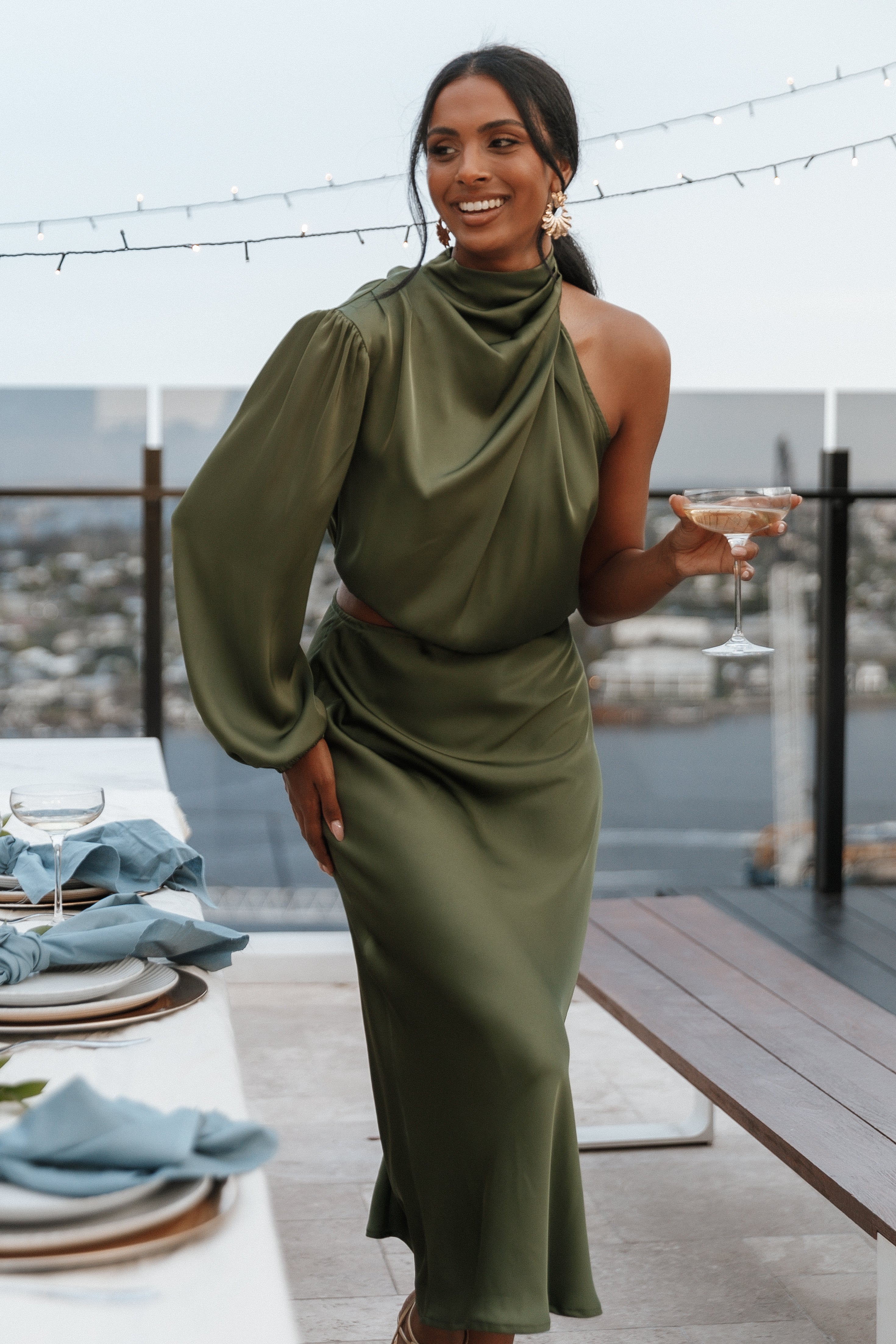 One Shoulder Olive Satin Midi Dress - Elegant Pleated Design