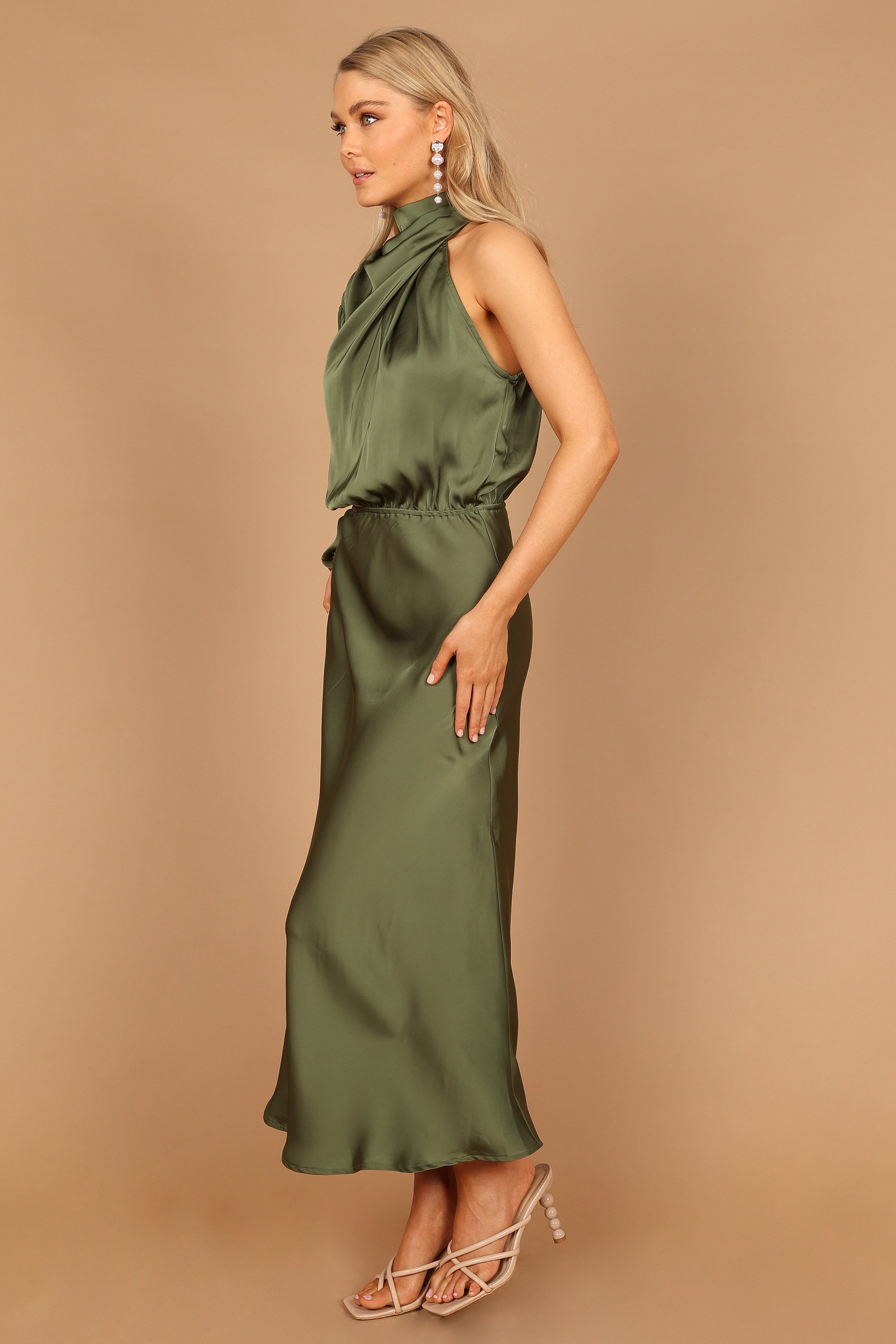 One Shoulder Olive Satin Midi Dress - Elegant Pleated Design