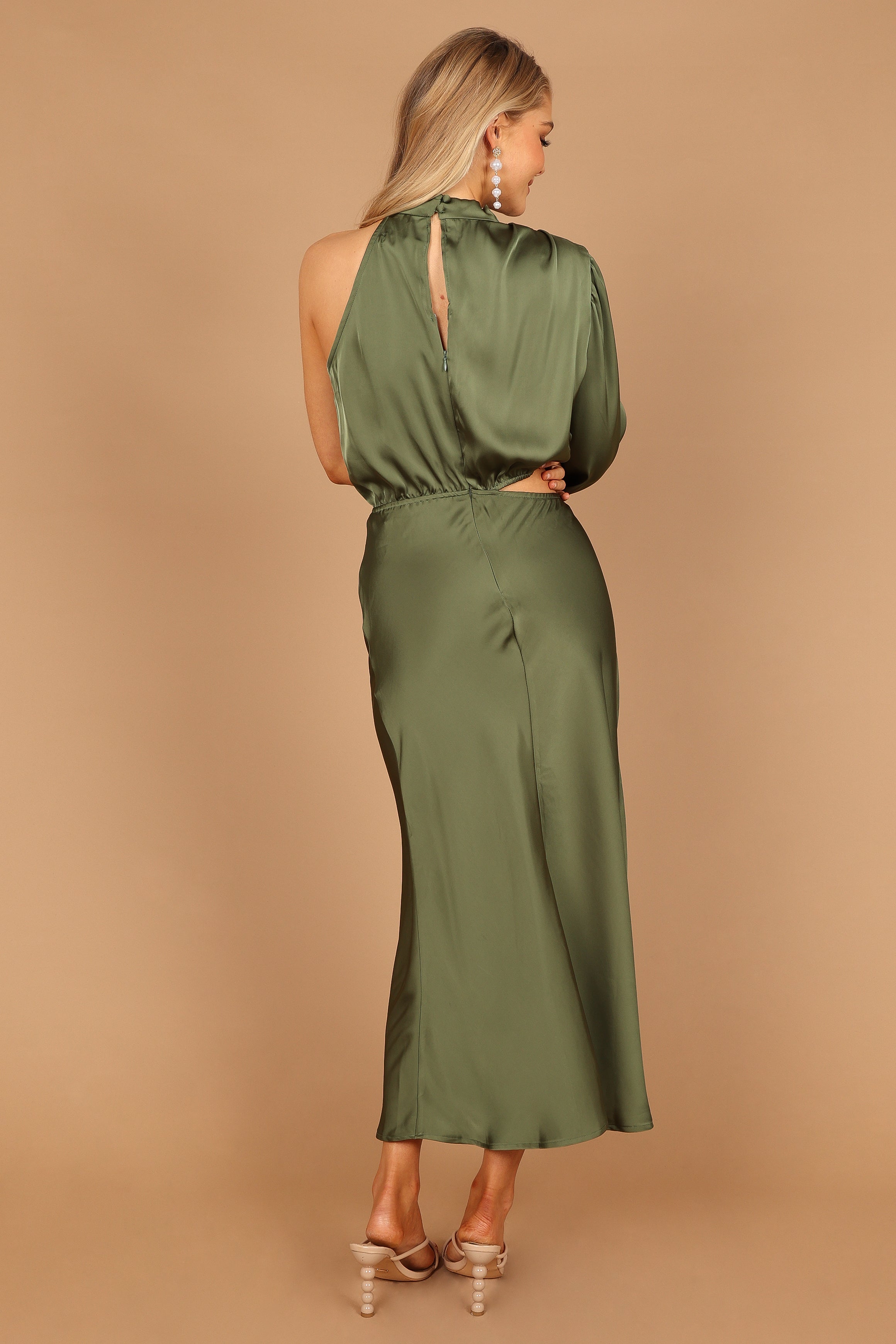 One Shoulder Olive Satin Midi Dress - Elegant Pleated Design