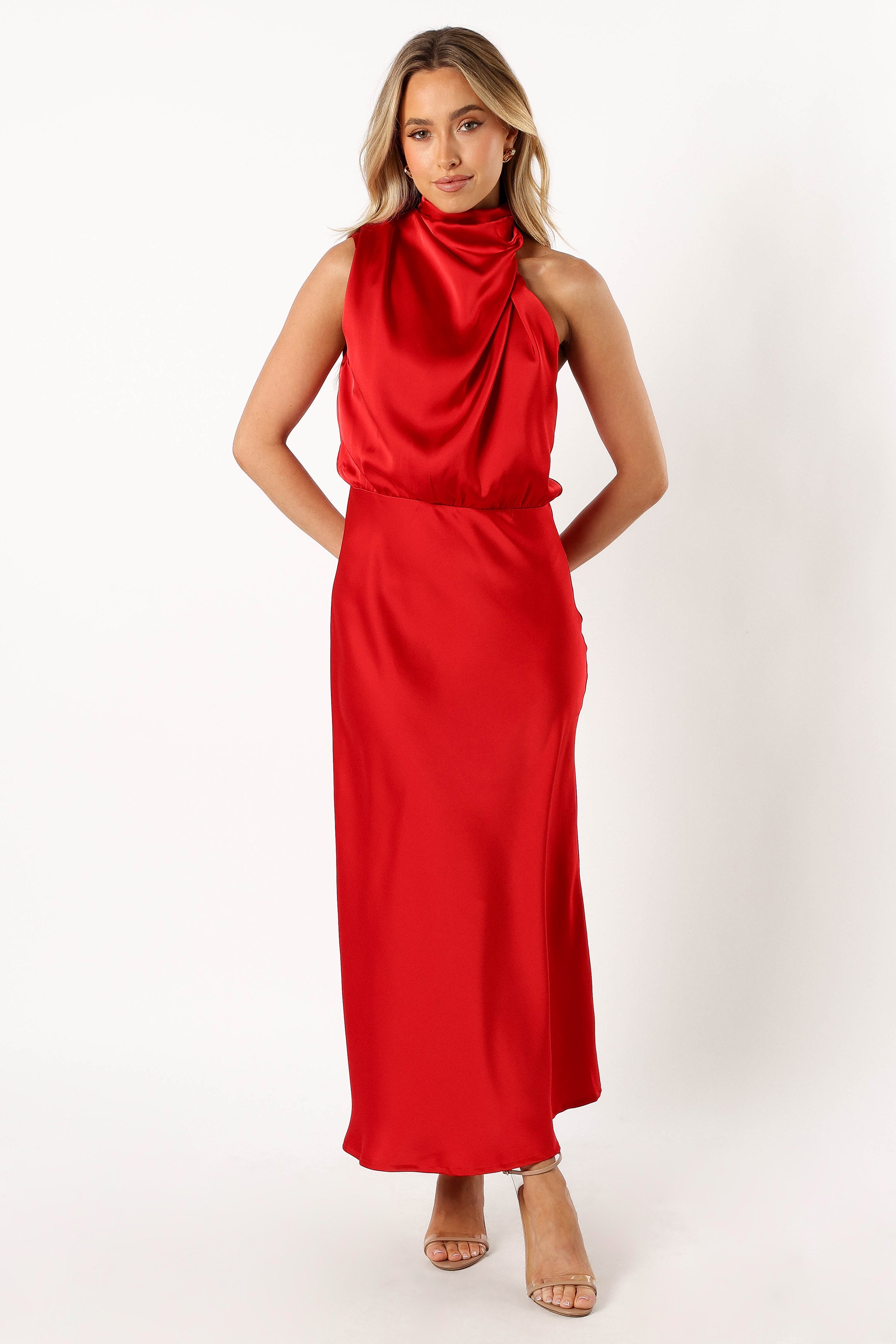 Anabelle Satin Halter Neck Midi Dress - Red Party Wear