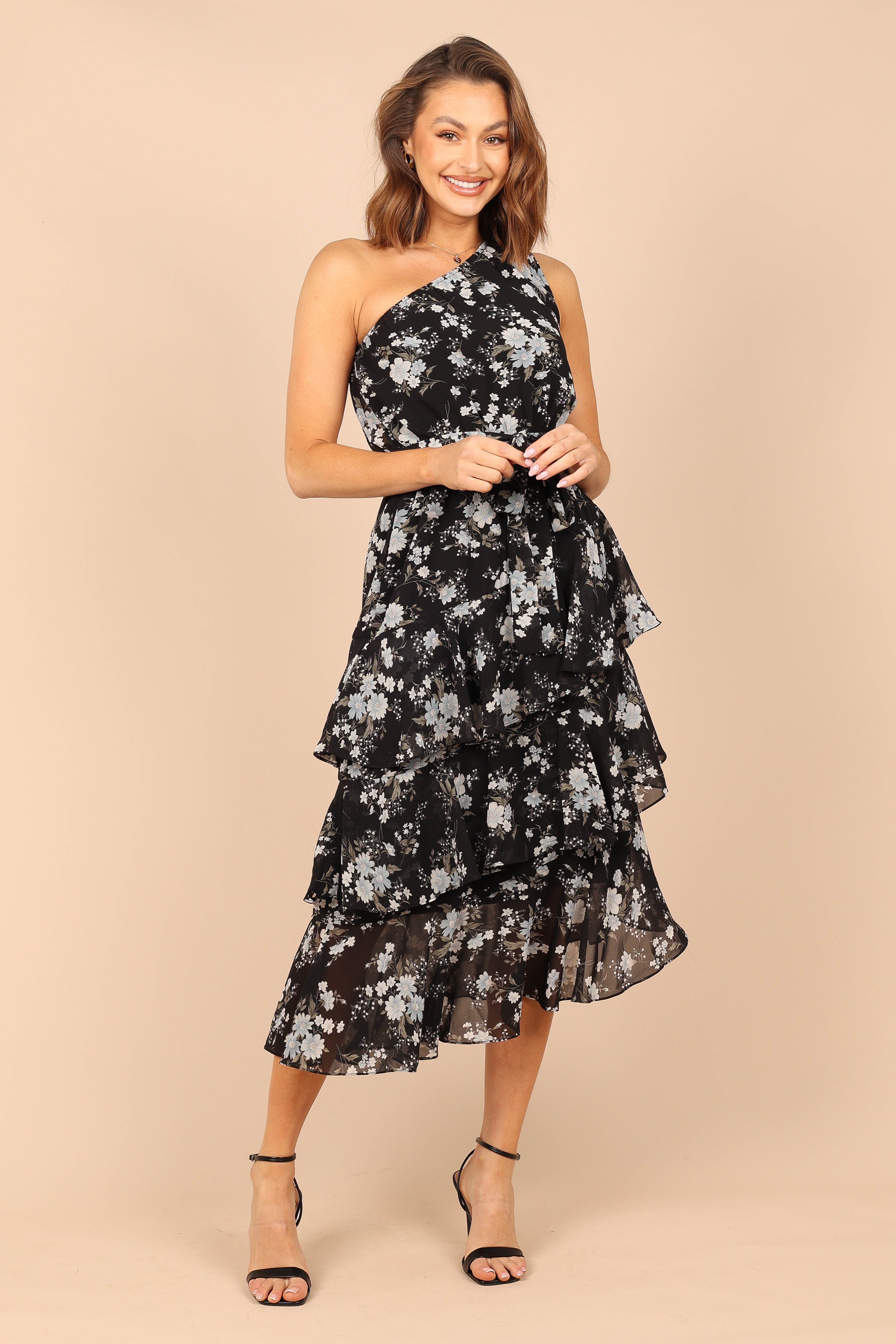 Brigette One Shoulder Floral Midi Dress - Black Tiered Ruffles