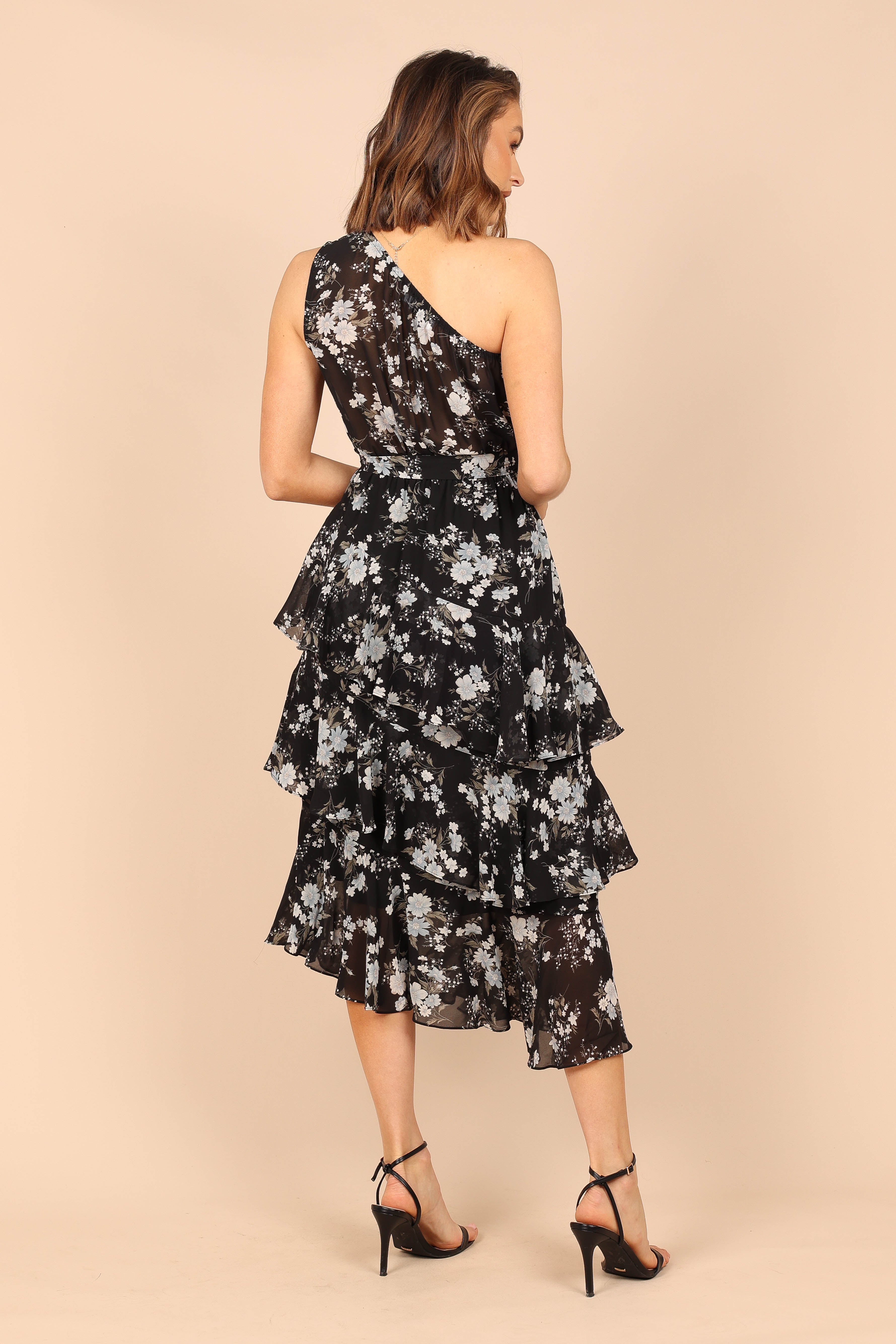 Brigette One Shoulder Floral Midi Dress - Black Tiered Ruffles