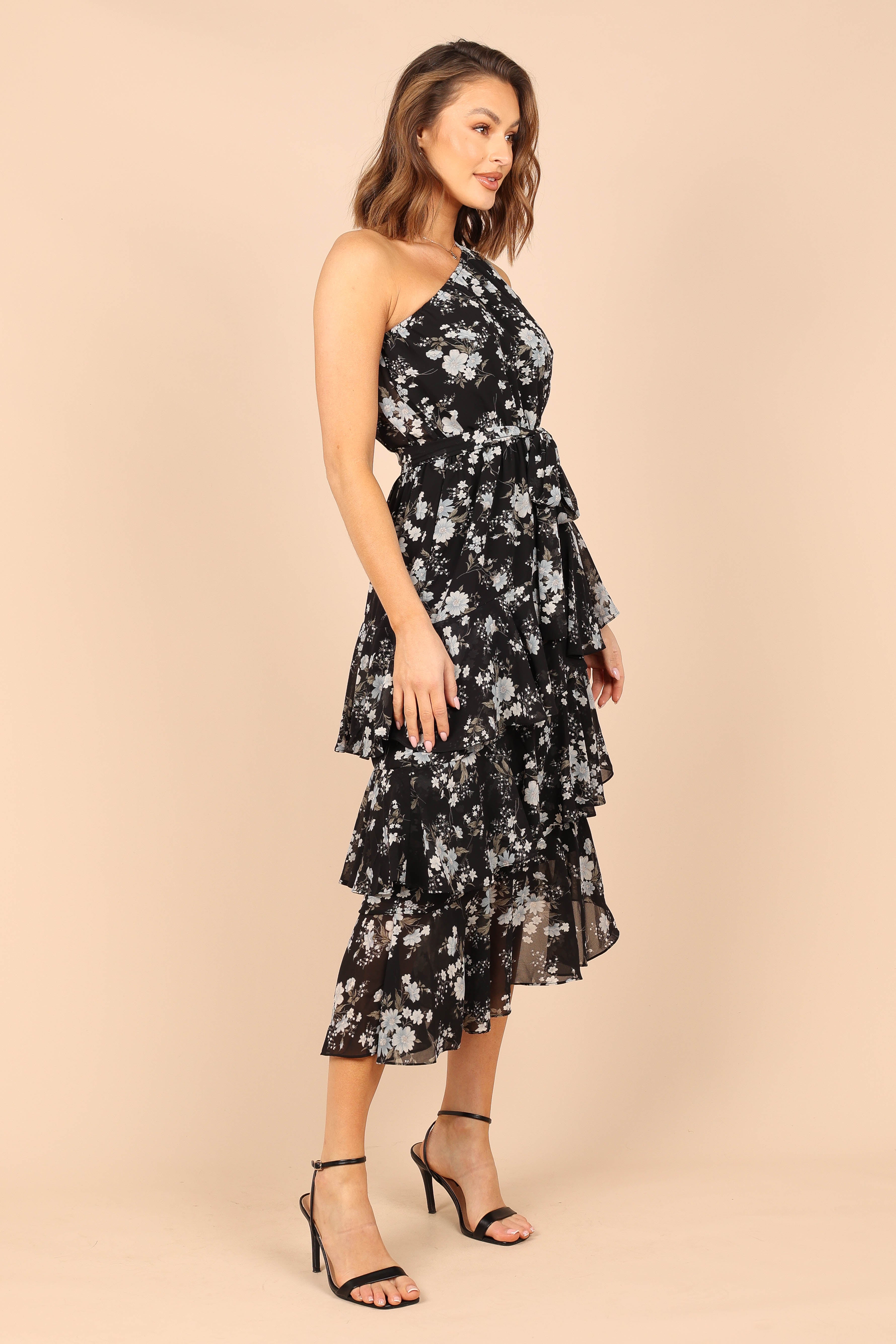 Brigette One Shoulder Floral Midi Dress - Black Tiered Ruffles