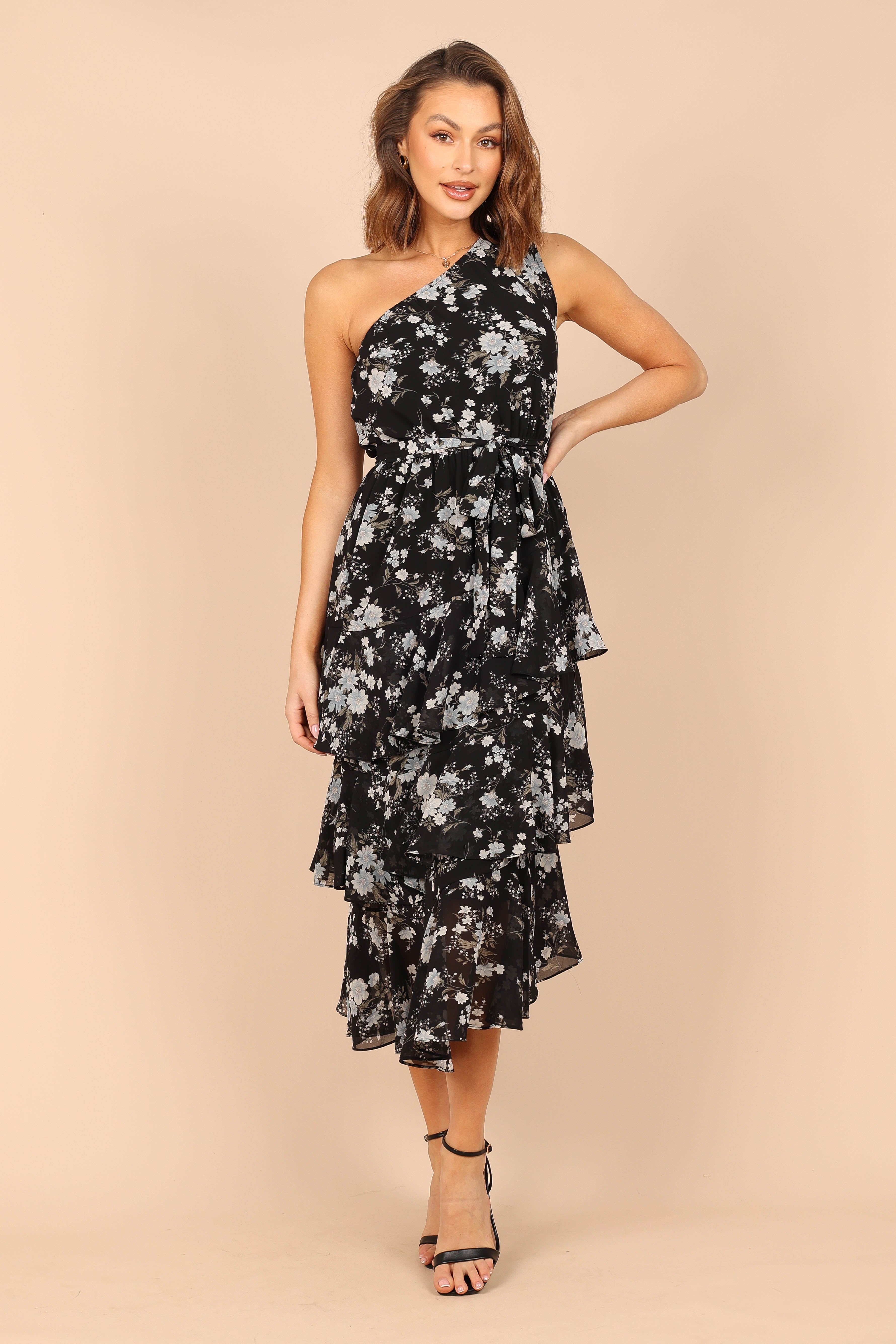 Brigette One Shoulder Floral Midi Dress - Black Tiered Ruffles