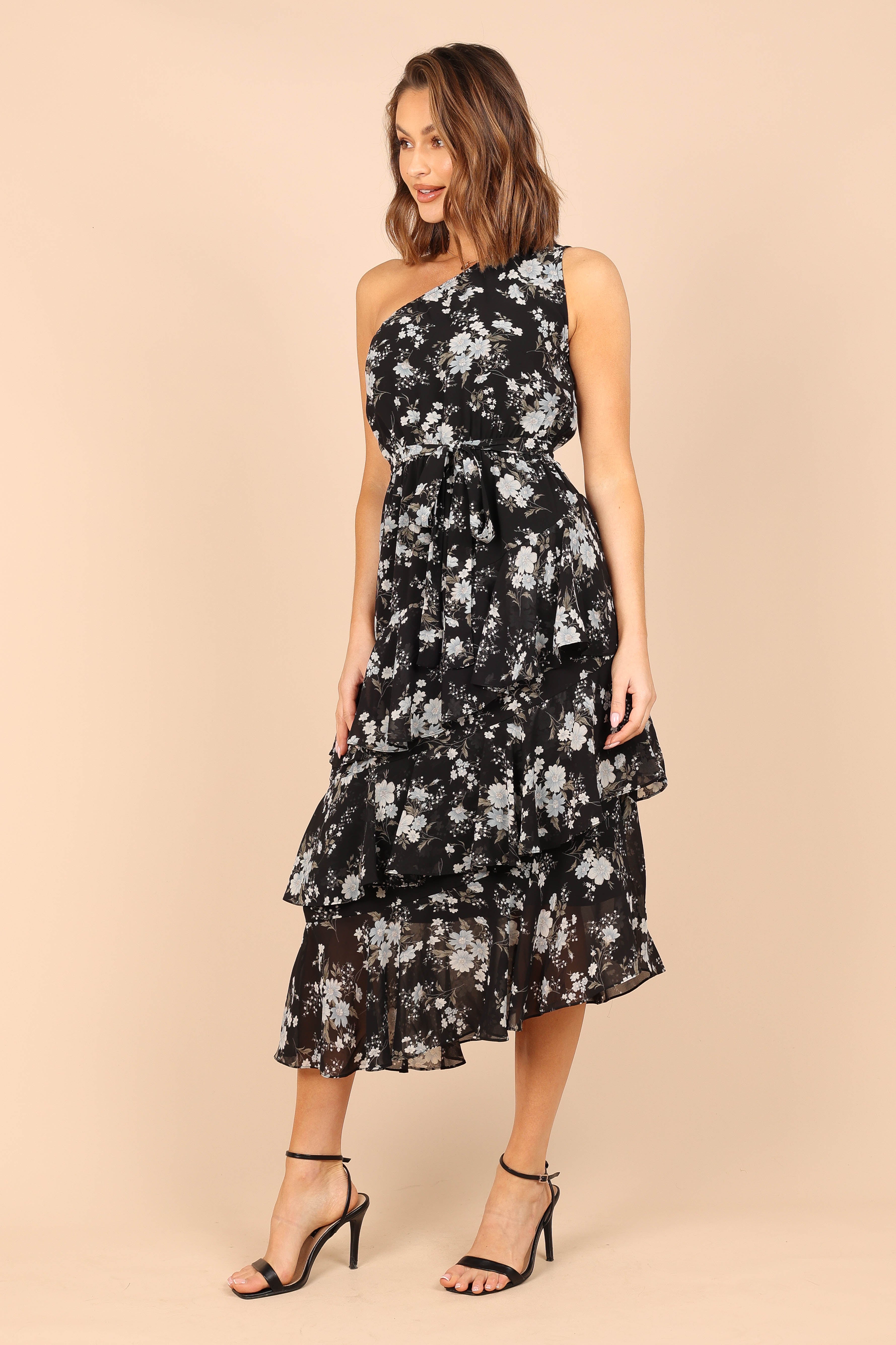 Brigette One Shoulder Floral Midi Dress - Black Tiered Ruffles