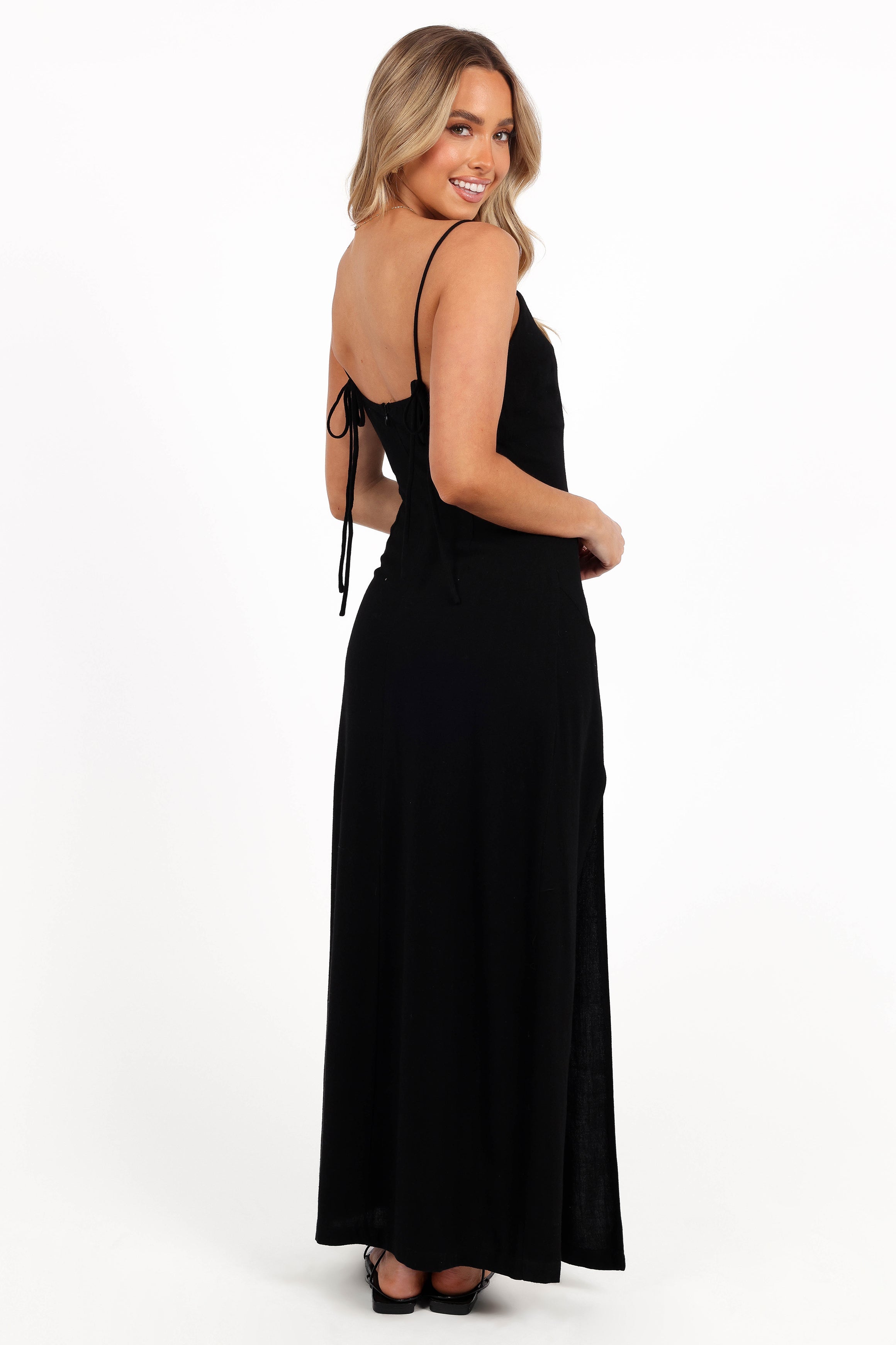 Sawyer Black Midi Slip Dress with Side Split & Straps