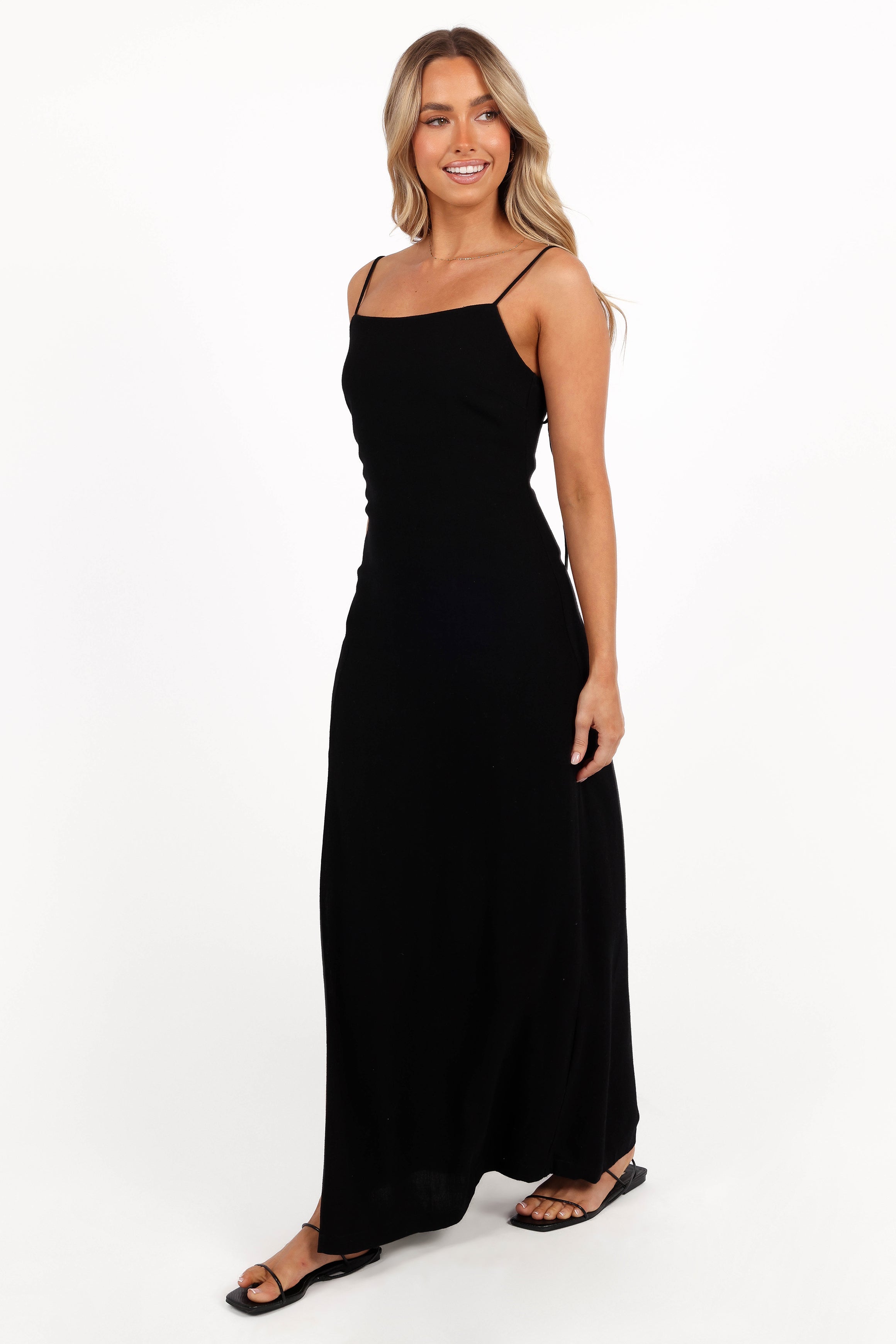 Sawyer Black Midi Slip Dress with Side Split & Straps