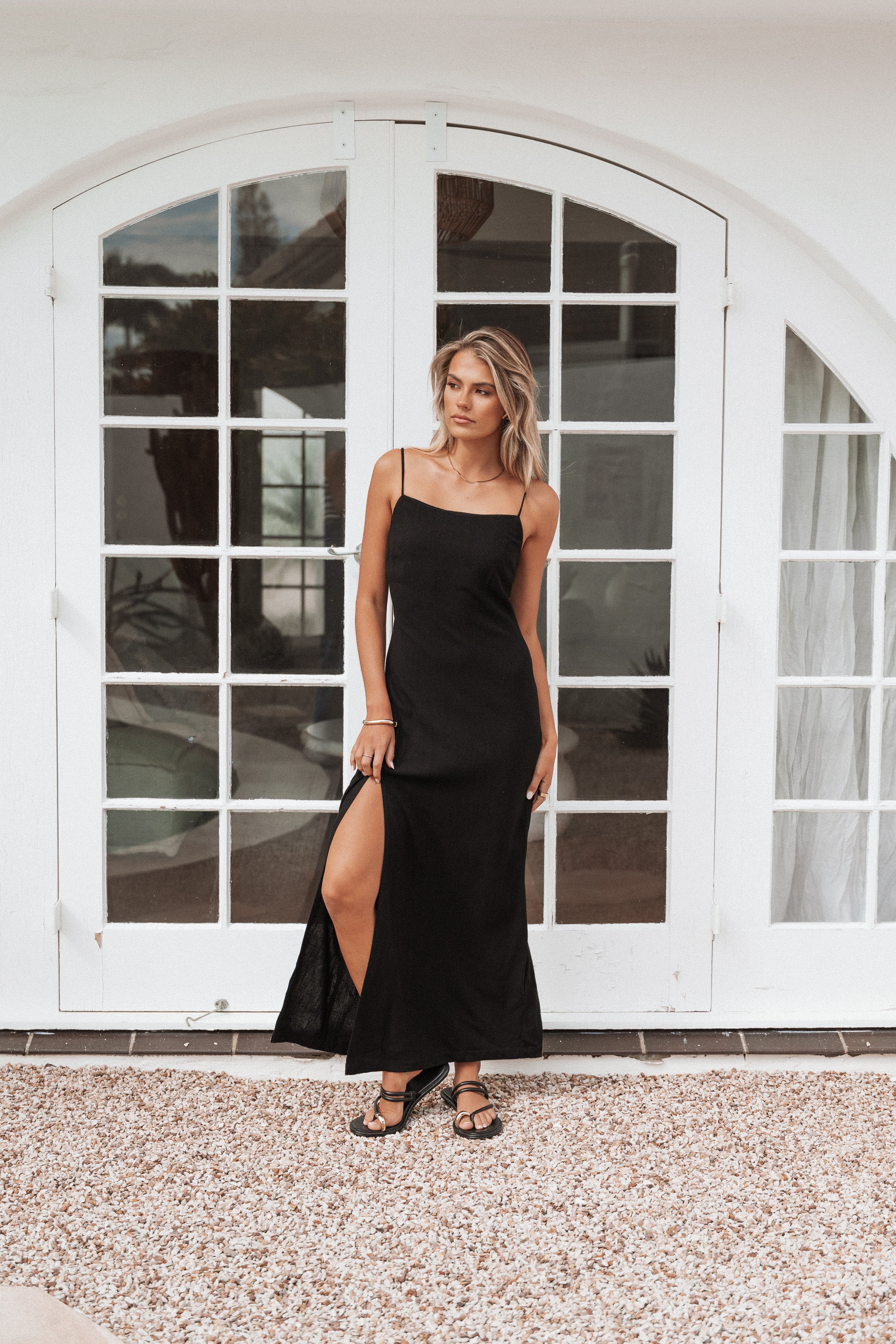 Sawyer Black Midi Slip Dress with Side Split & Straps