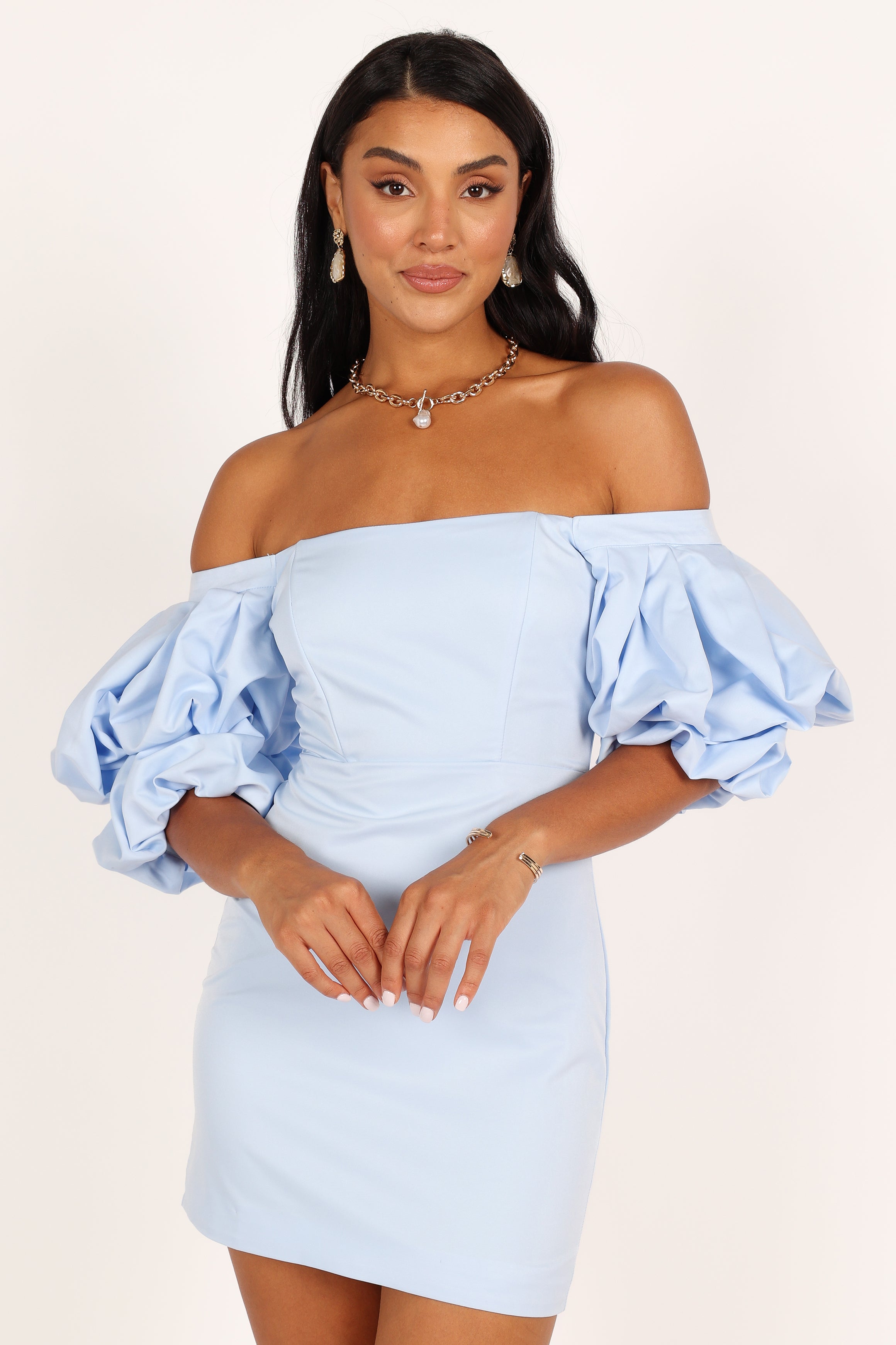 Icy Blue Off Shoulder Puff Sleeve Mini Dress - Slim Fit Shirred Back