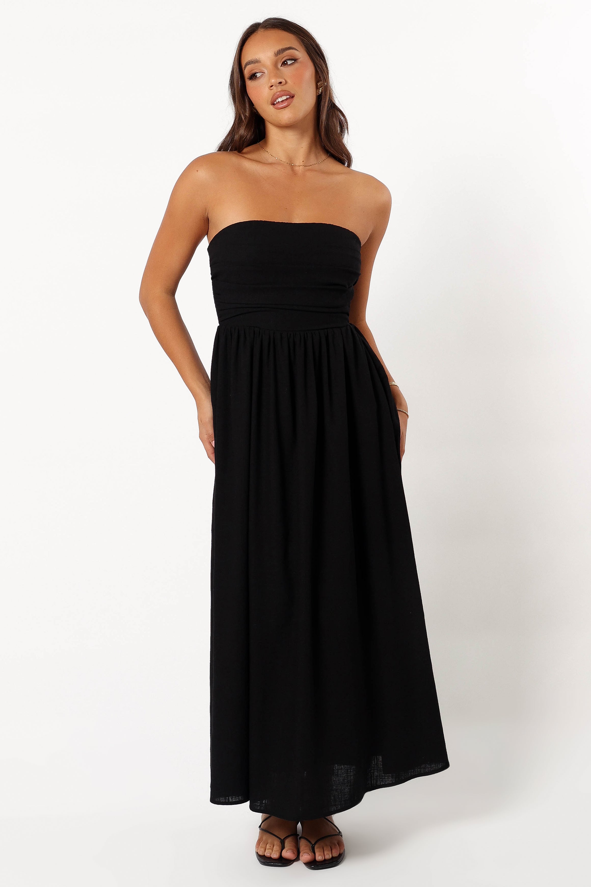 Kayt Black Strapless Maxi Dress with Pleated Bodice